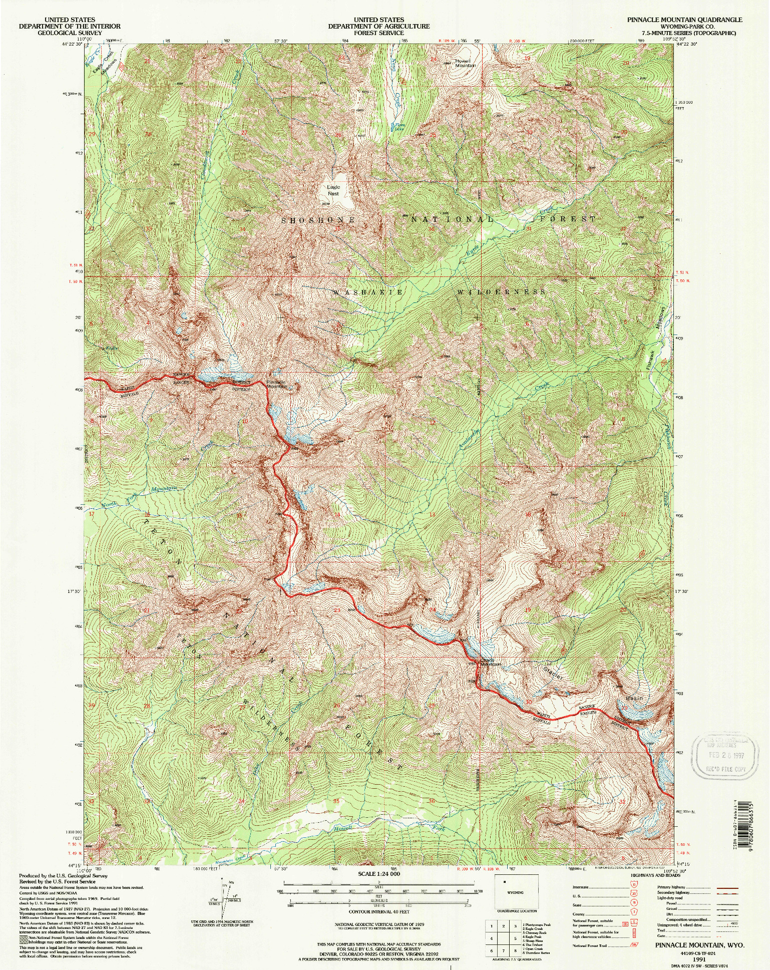 USGS 1:24000-SCALE QUADRANGLE FOR PINNACLE MOUNTAIN, WY 1991