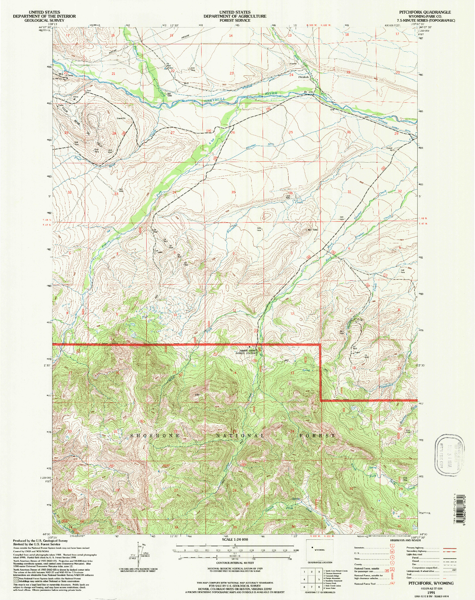 USGS 1:24000-SCALE QUADRANGLE FOR PITCHFORK, WY 1991