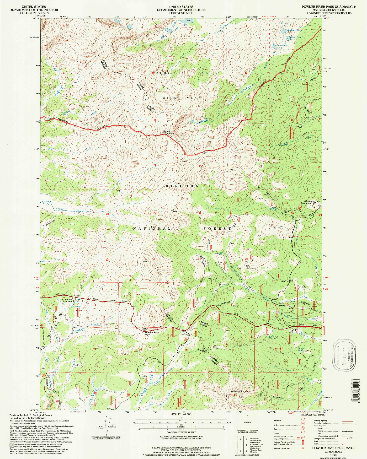 USGS 1:24000-SCALE QUADRANGLE FOR POWDER RIVER PASS, WY 1993