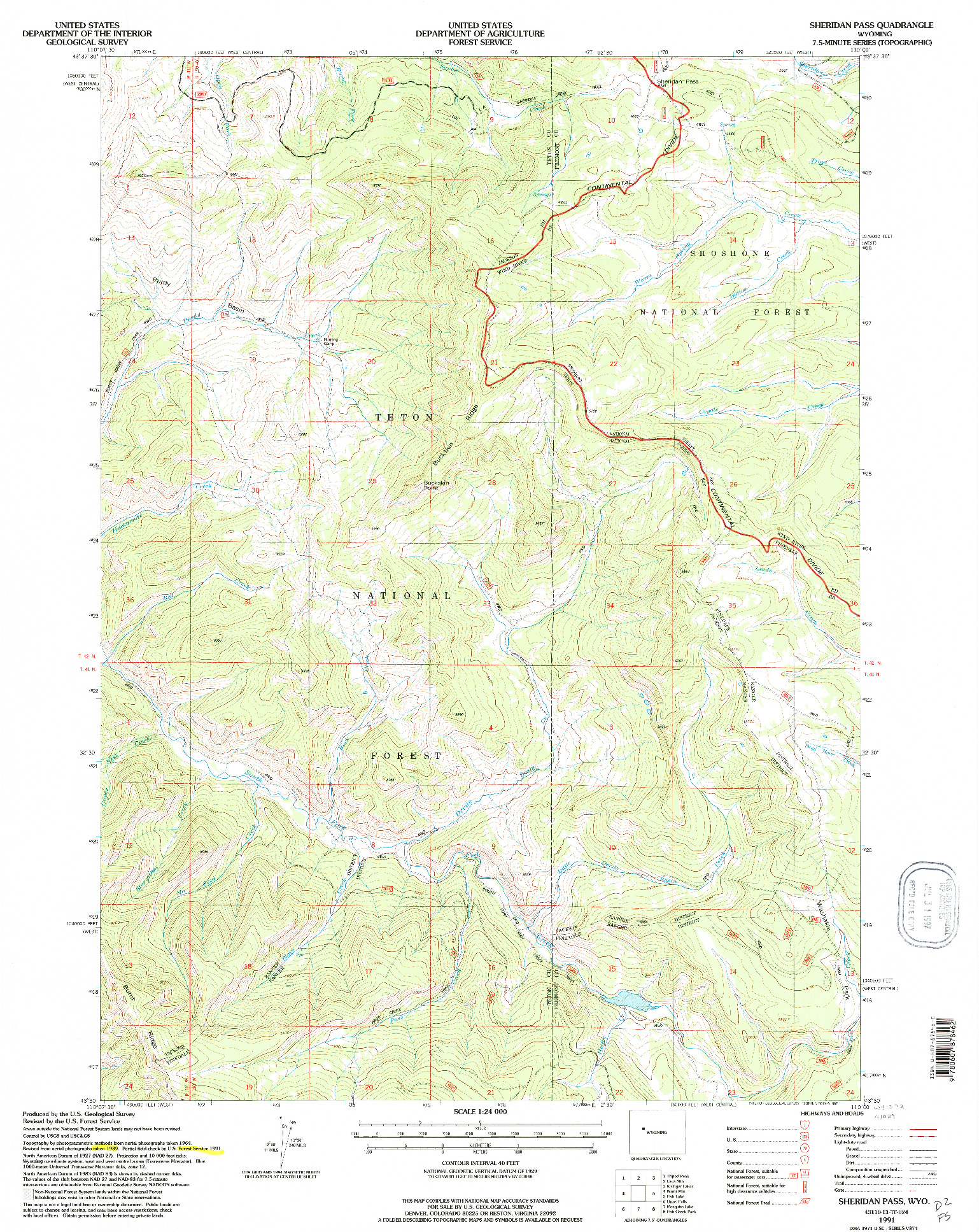 USGS 1:24000-SCALE QUADRANGLE FOR SHERIDAN PASS, WY 1991