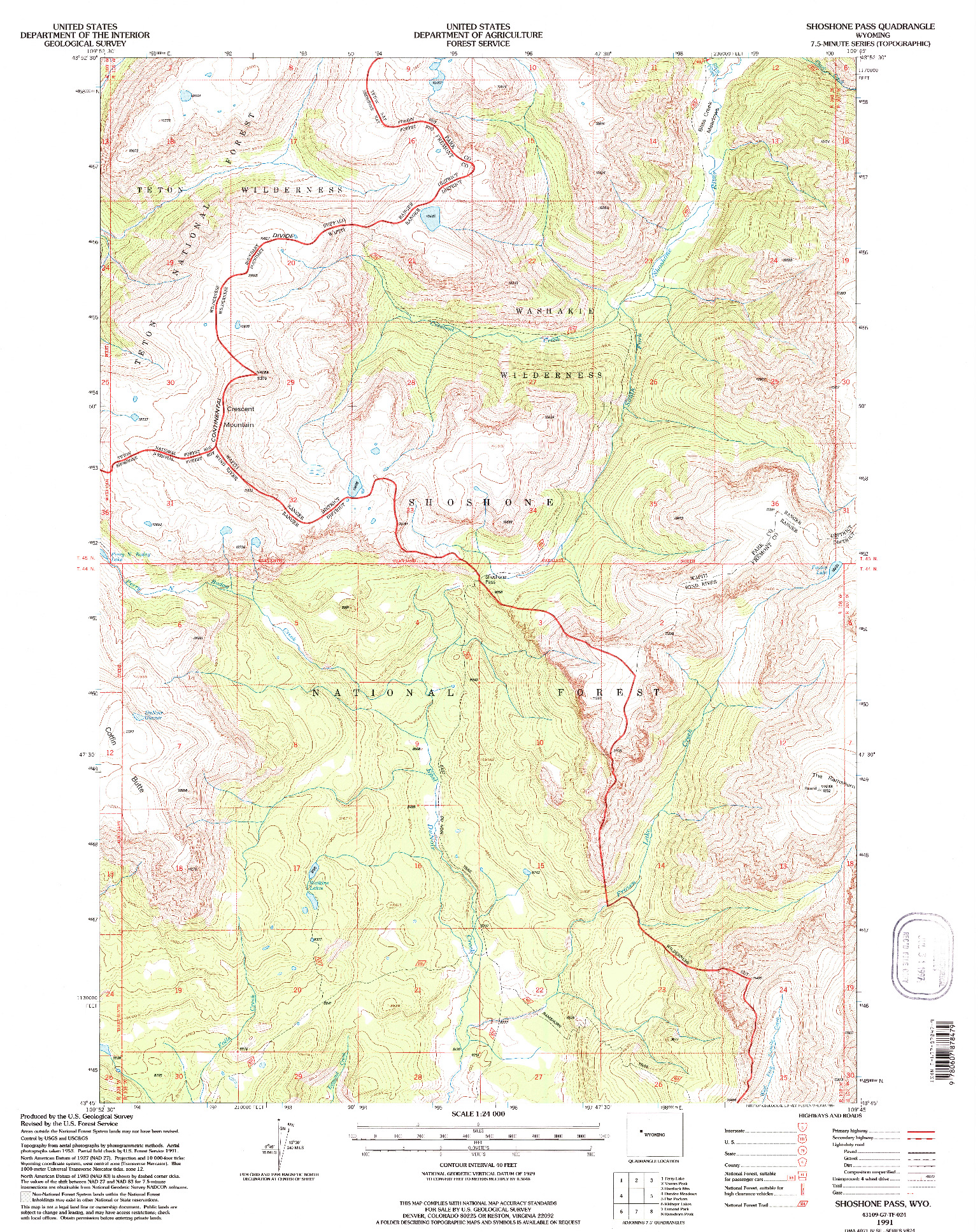 USGS 1:24000-SCALE QUADRANGLE FOR SHOSHONE PASS, WY 1991