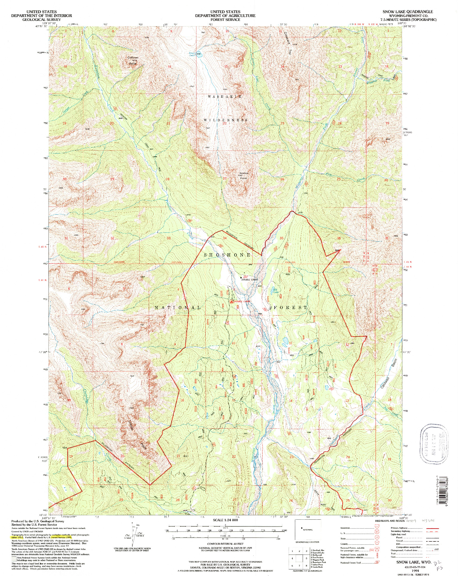 USGS 1:24000-SCALE QUADRANGLE FOR SNOW LAKE, WY 1991