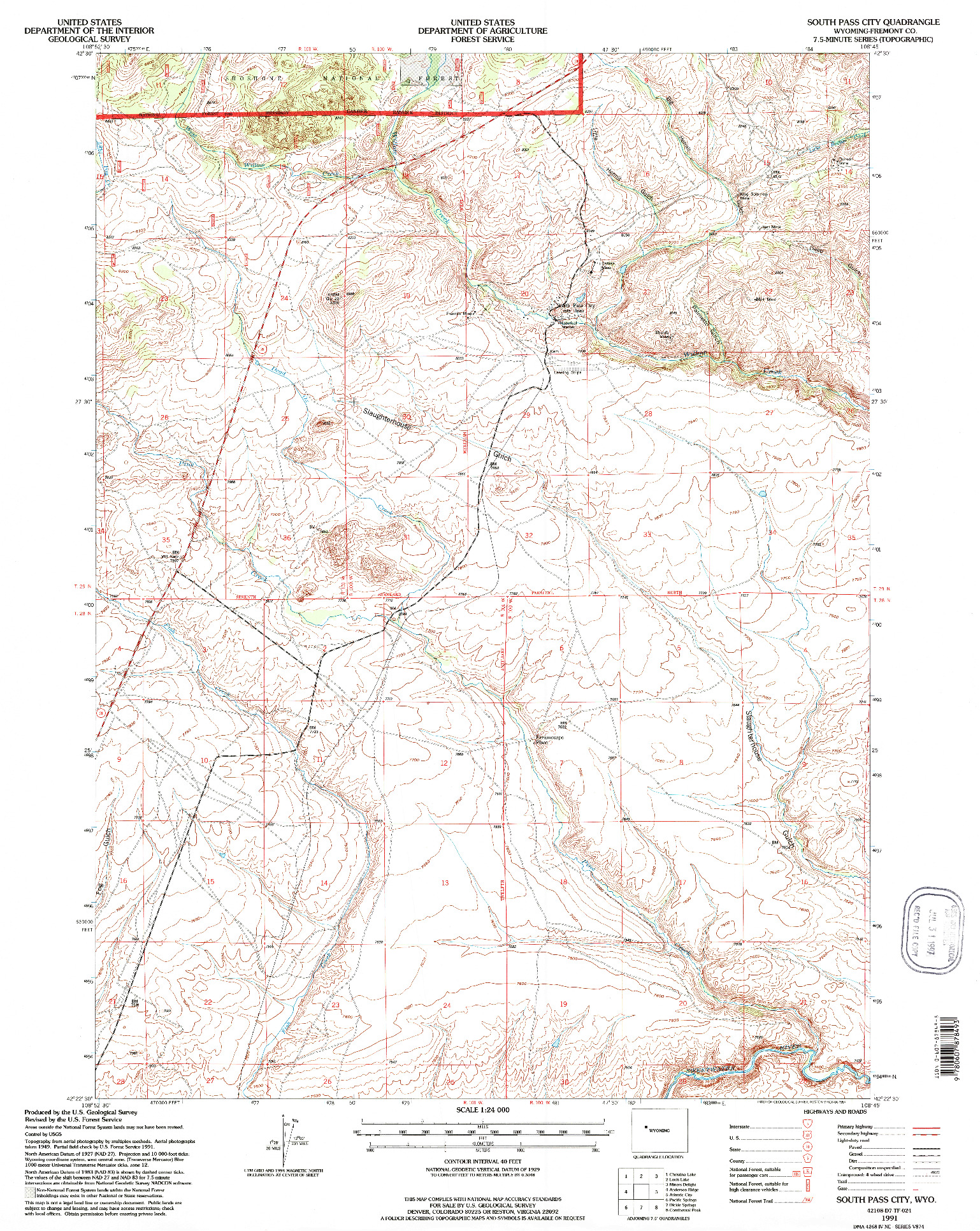 USGS 1:24000-SCALE QUADRANGLE FOR SOUTH PASS CITY, WY 1991