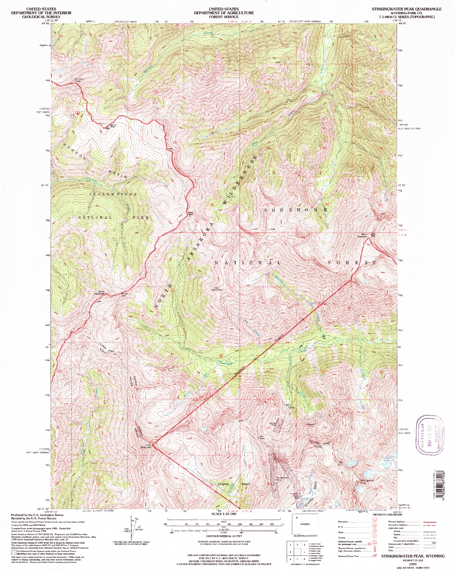 USGS 1:24000-SCALE QUADRANGLE FOR STINKINGWATER PEAK, WY 1991