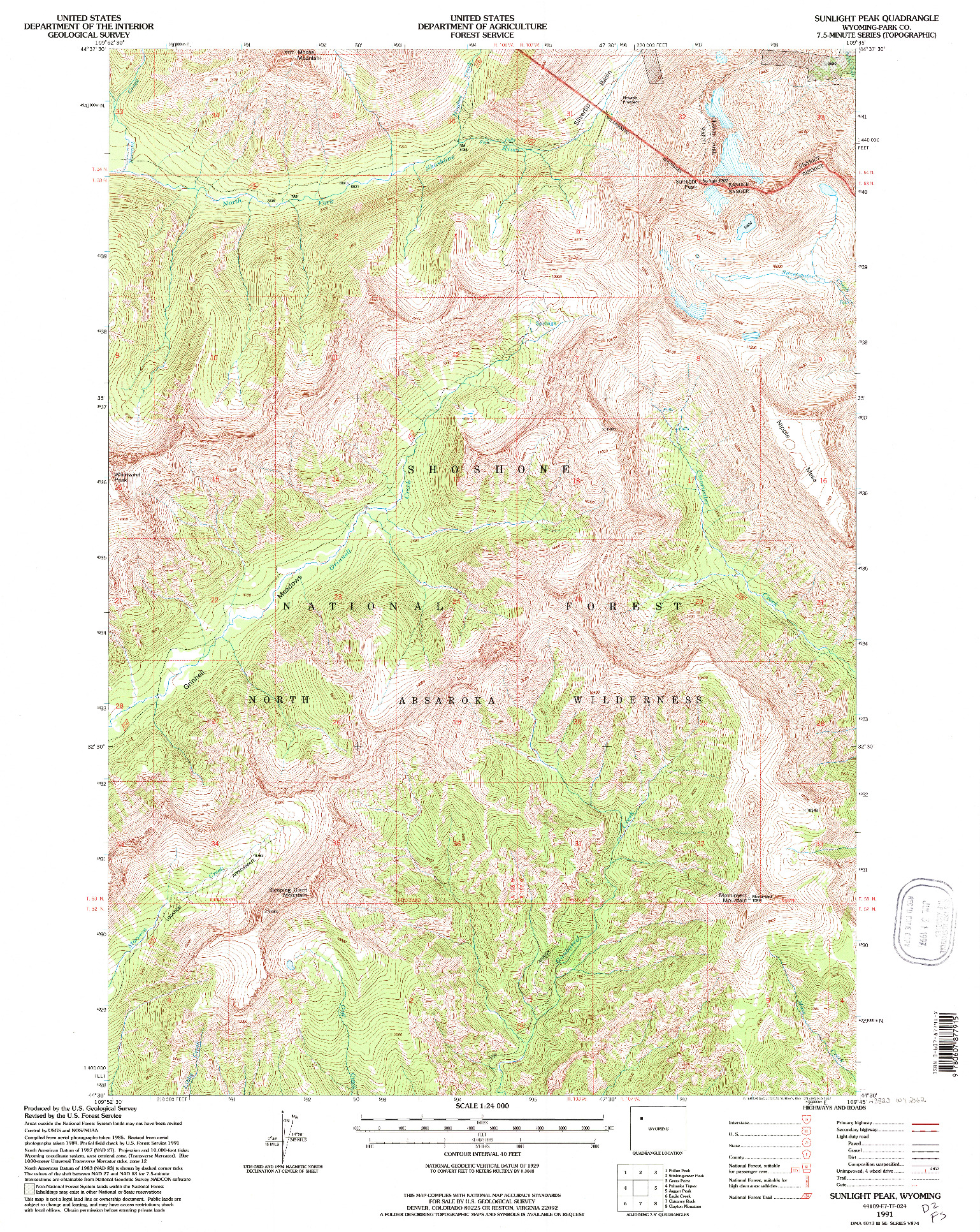 USGS 1:24000-SCALE QUADRANGLE FOR SUNLIGHT PEAK, WY 1991