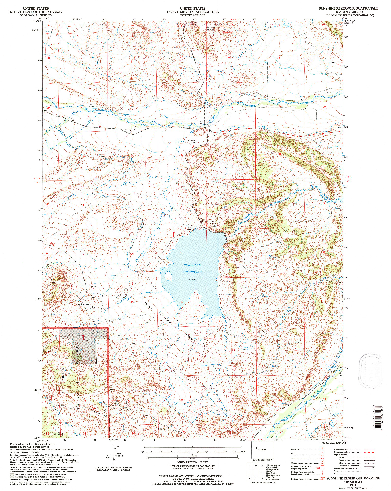 USGS 1:24000-SCALE QUADRANGLE FOR SUNSHINE RESERVOIR, WY 1991