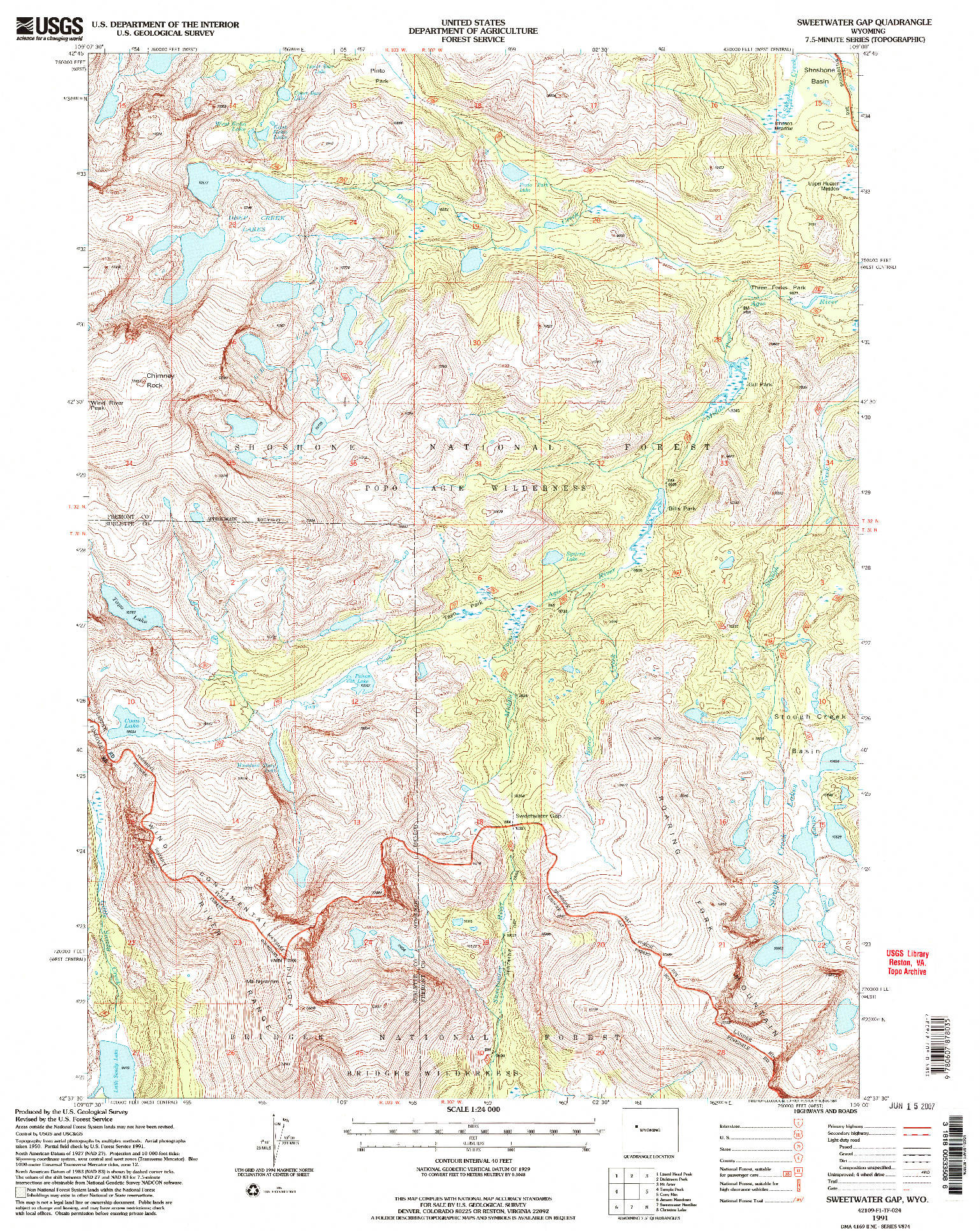 USGS 1:24000-SCALE QUADRANGLE FOR SWEETWATER GAP, WY 1991