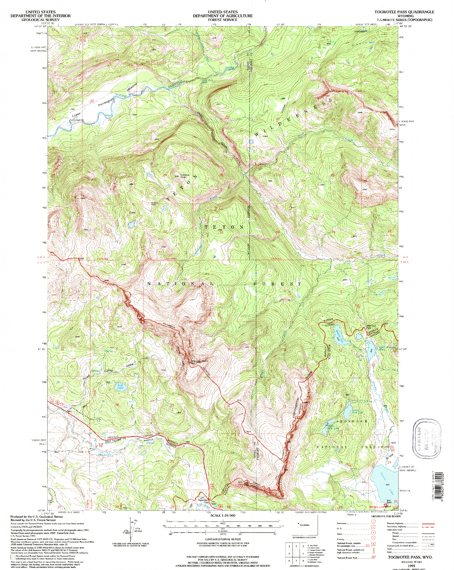 USGS 1:24000-SCALE QUADRANGLE FOR TOGWOTEE PASS, WY 1991