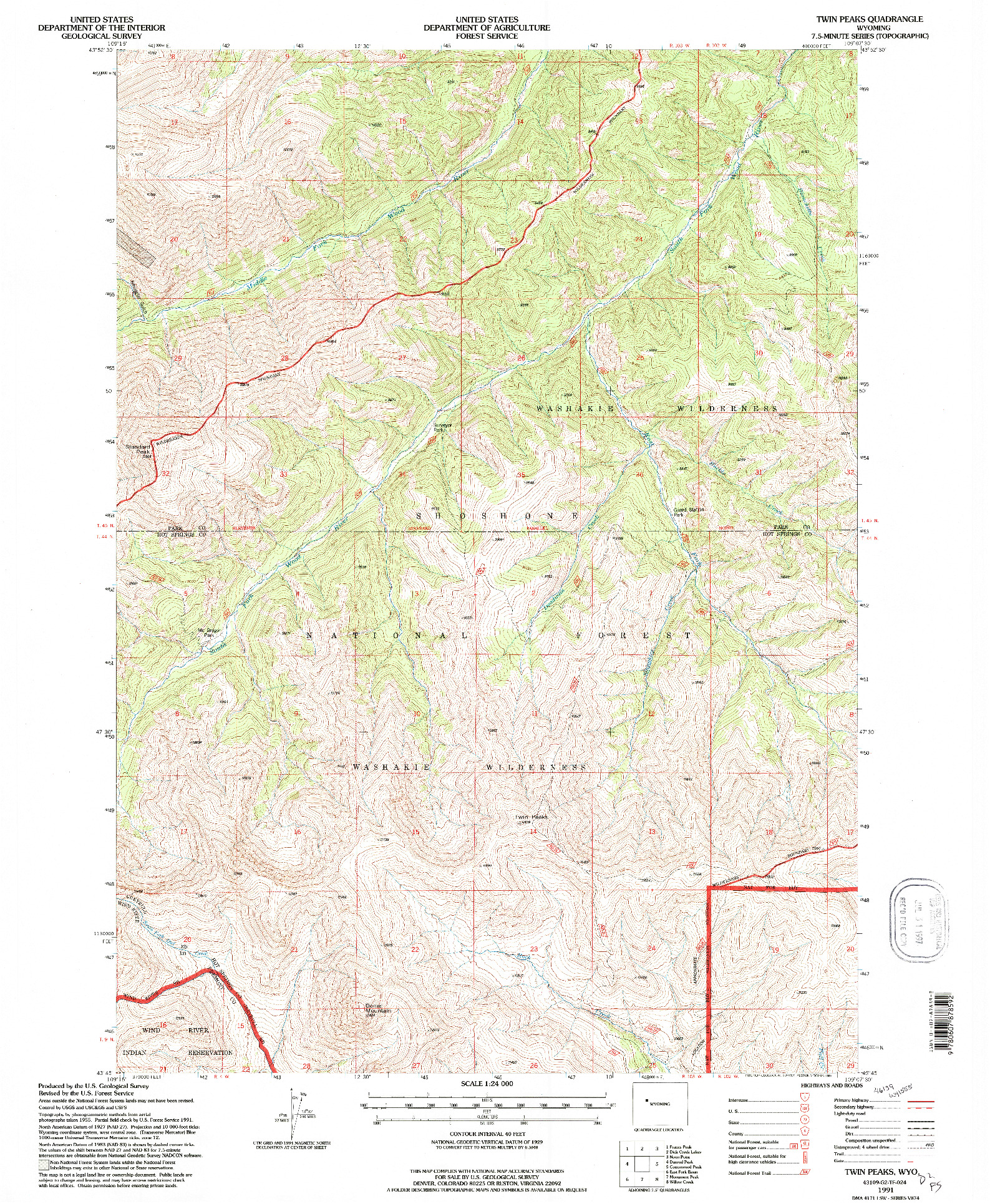 USGS 1:24000-SCALE QUADRANGLE FOR TWIN PEAKS, WY 1991