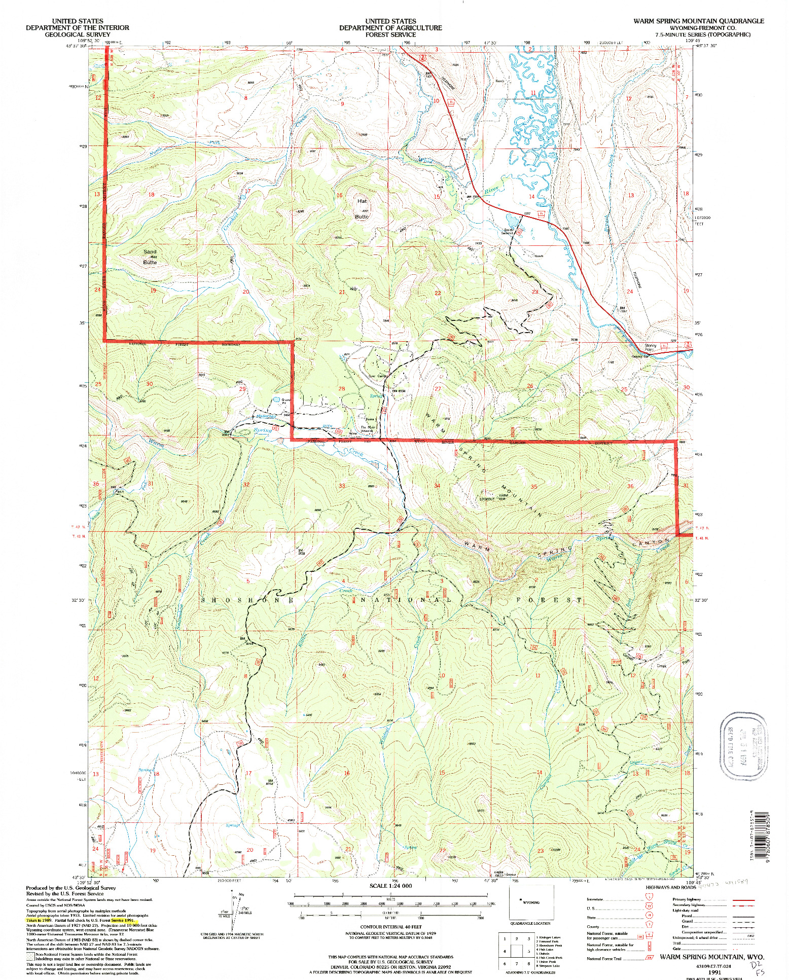 USGS 1:24000-SCALE QUADRANGLE FOR WARM SPRING MOUNTAIN, WY 1991