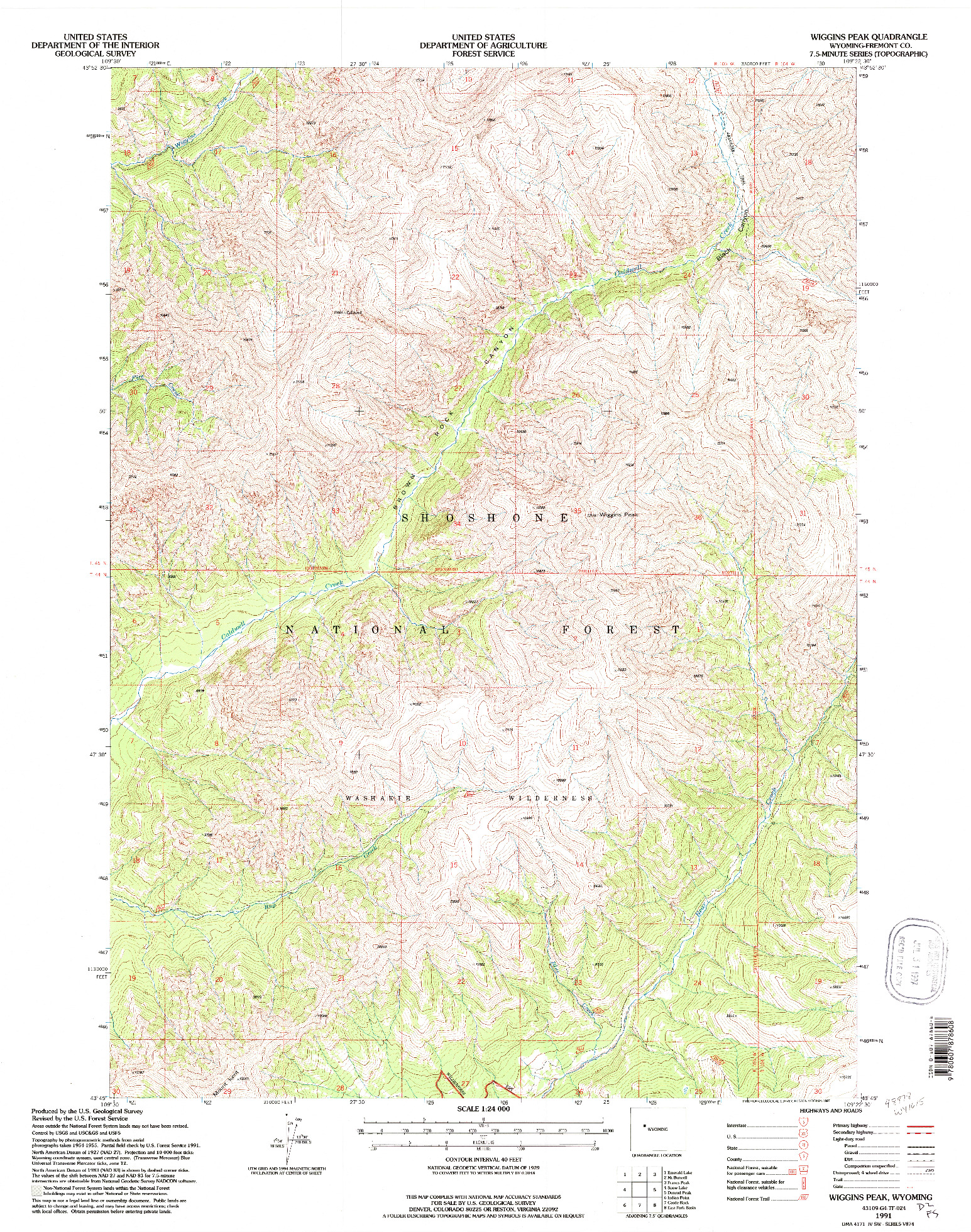 USGS 1:24000-SCALE QUADRANGLE FOR WIGGINS PEAK, WY 1991