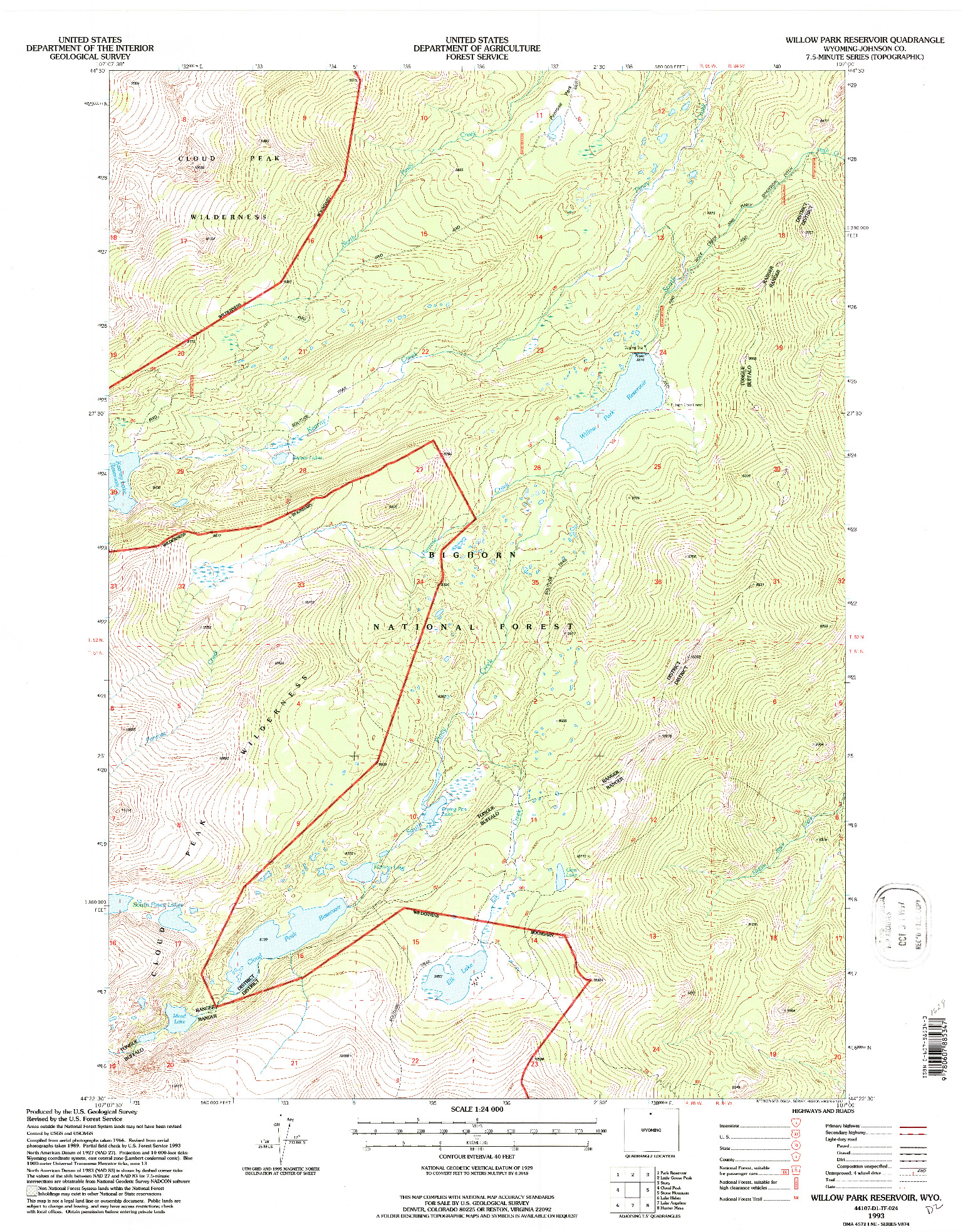 USGS 1:24000-SCALE QUADRANGLE FOR WILLOW PARK RESERVOIR, WY 1993