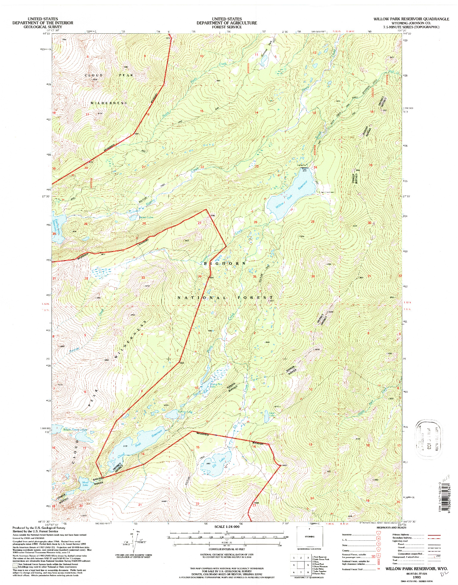 USGS 1:24000-SCALE QUADRANGLE FOR WILLOW PARK RESERVOIR, WY 1993