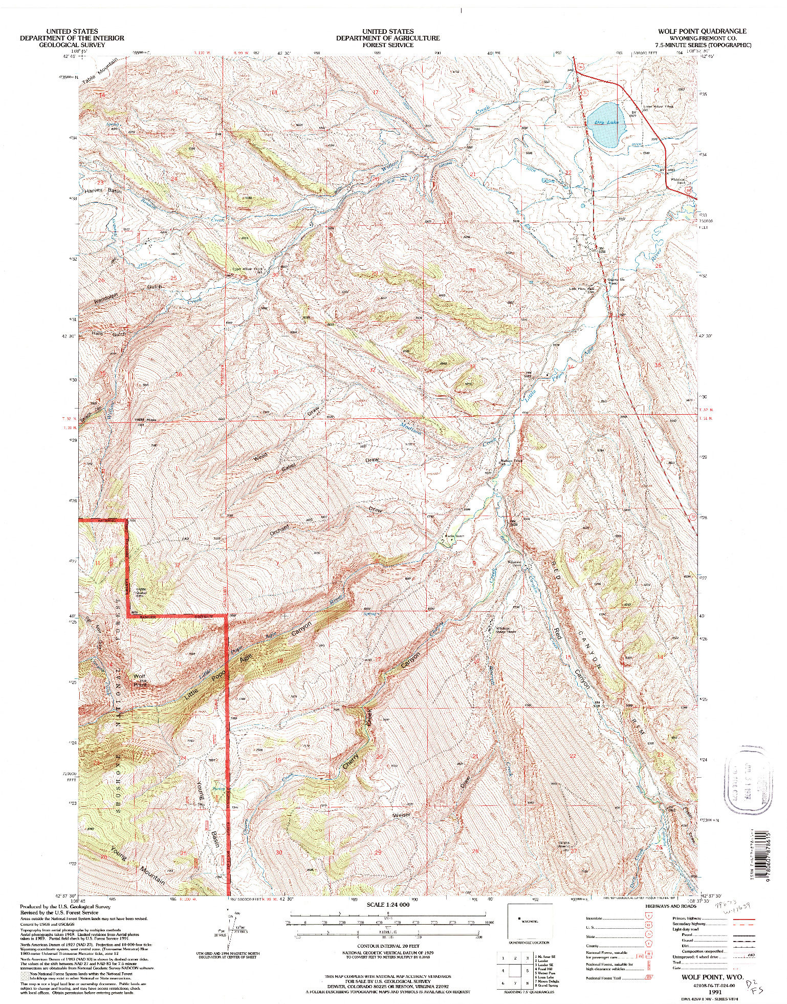 USGS 1:24000-SCALE QUADRANGLE FOR WOLF POINT, WY 1991