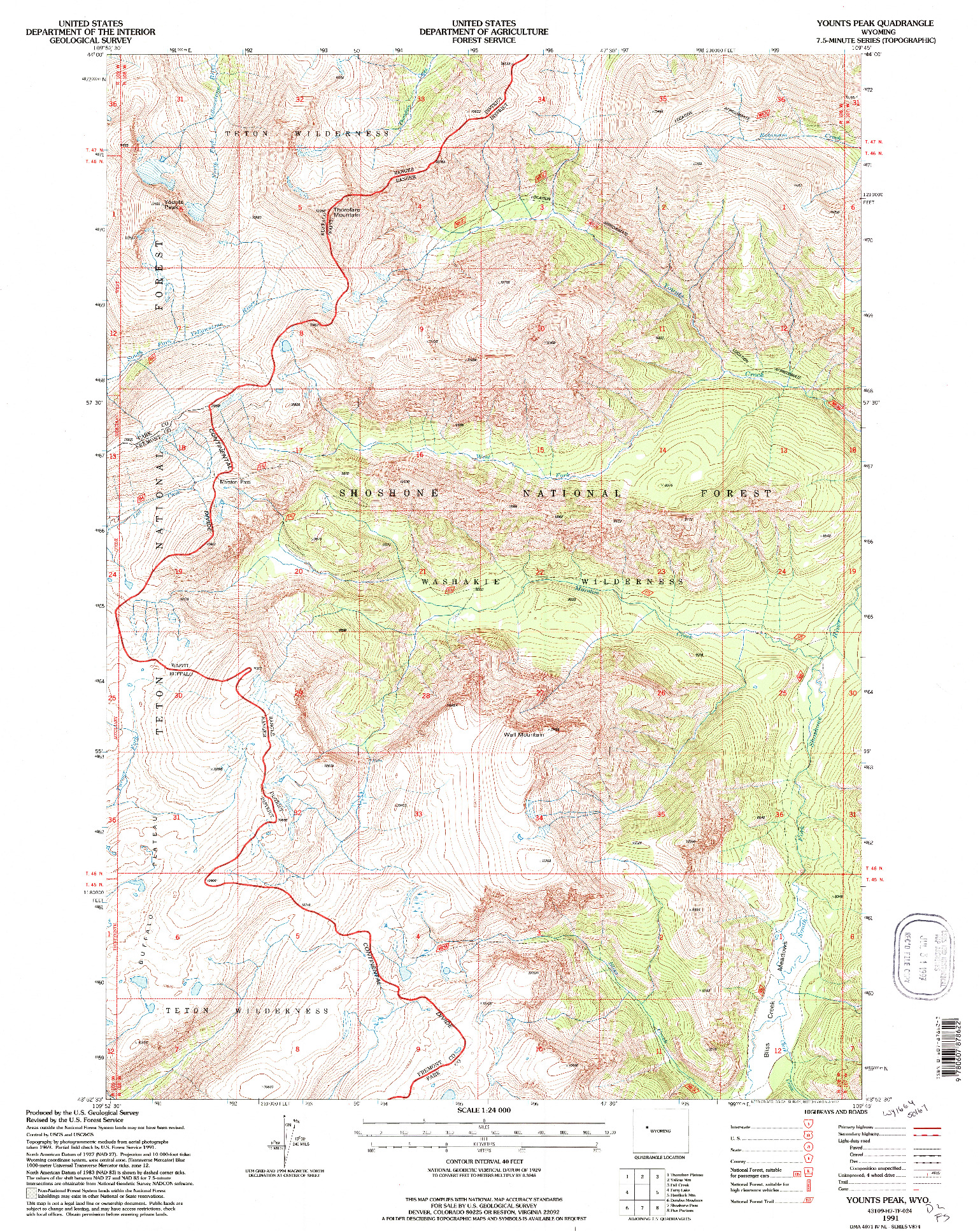 USGS 1:24000-SCALE QUADRANGLE FOR YOUNTS PEAK, WY 1991