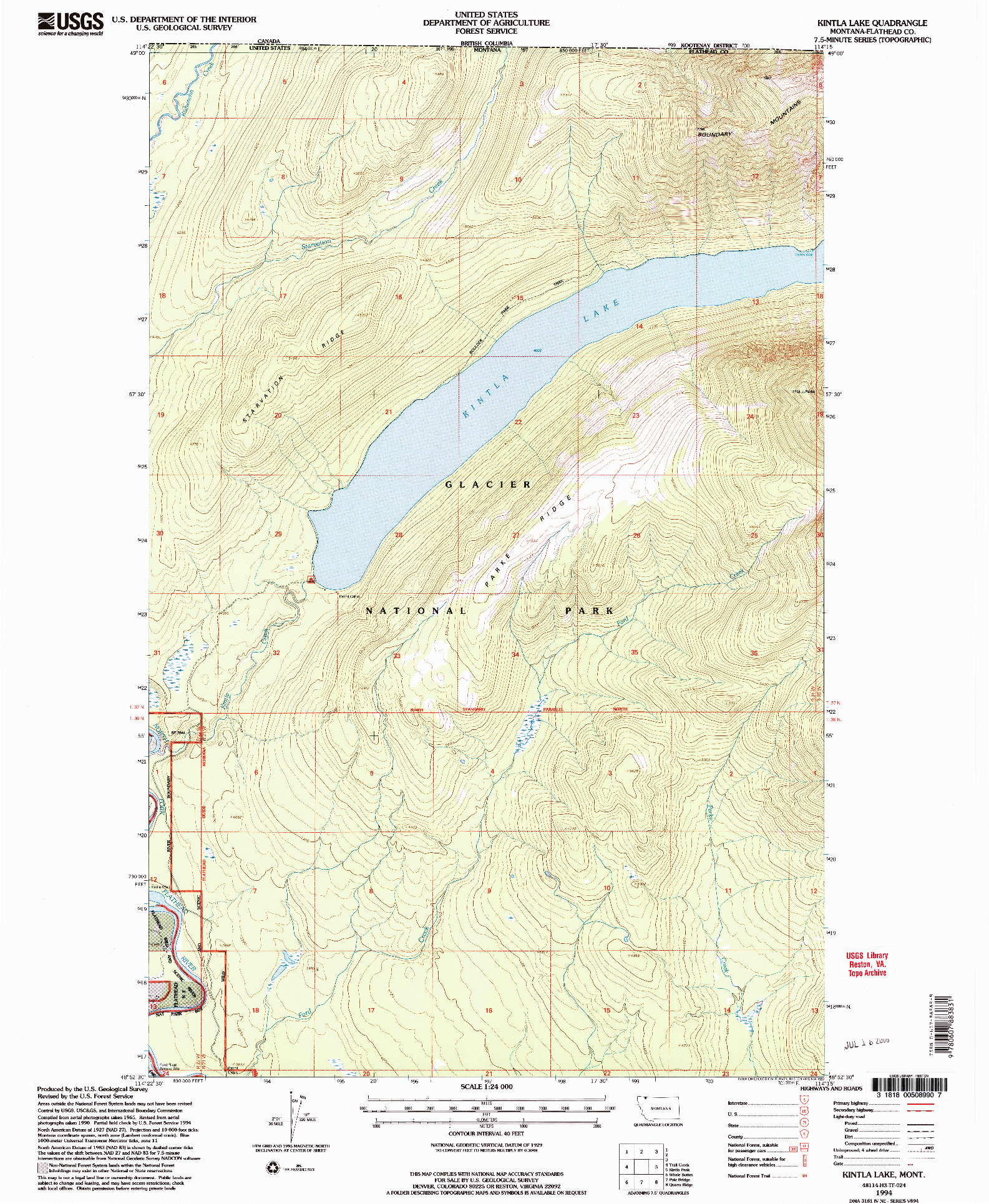 USGS 1:24000-SCALE QUADRANGLE FOR KINTLA LAKE, MT 1994