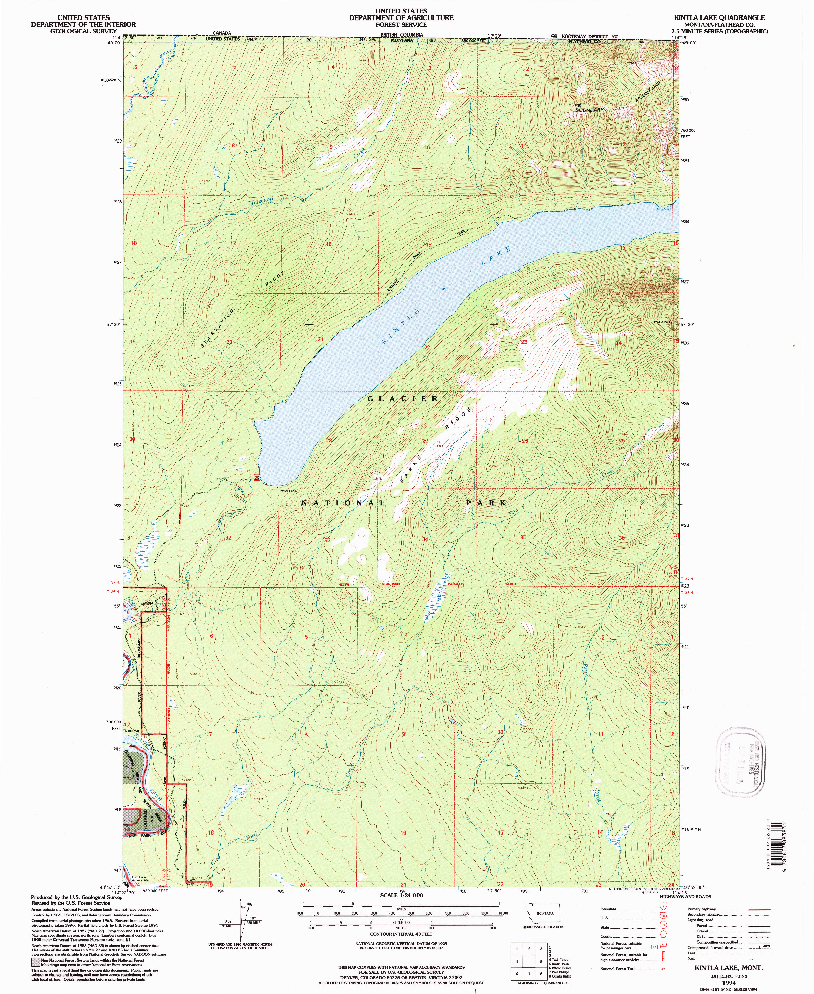 USGS 1:24000-SCALE QUADRANGLE FOR KINTLA LAKE, MT 1994