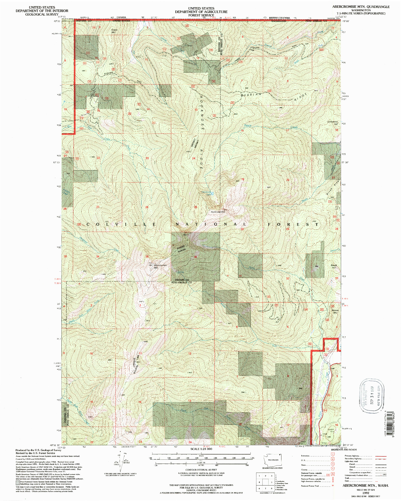 USGS 1:24000-SCALE QUADRANGLE FOR ABERCROMBIE MTN, WA 1992