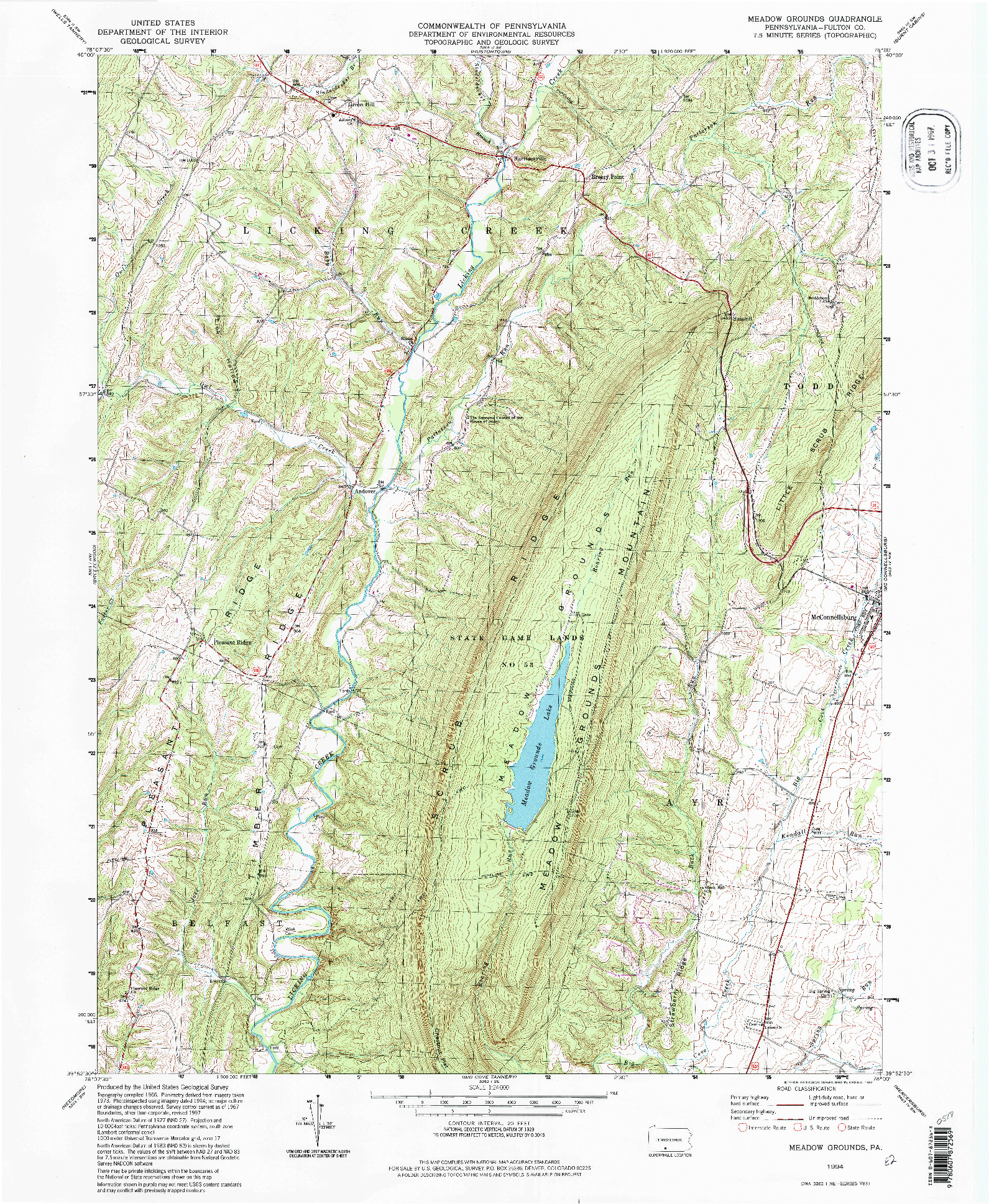 USGS 1:24000-SCALE QUADRANGLE FOR MEADOW GROUNDS, PA 1994
