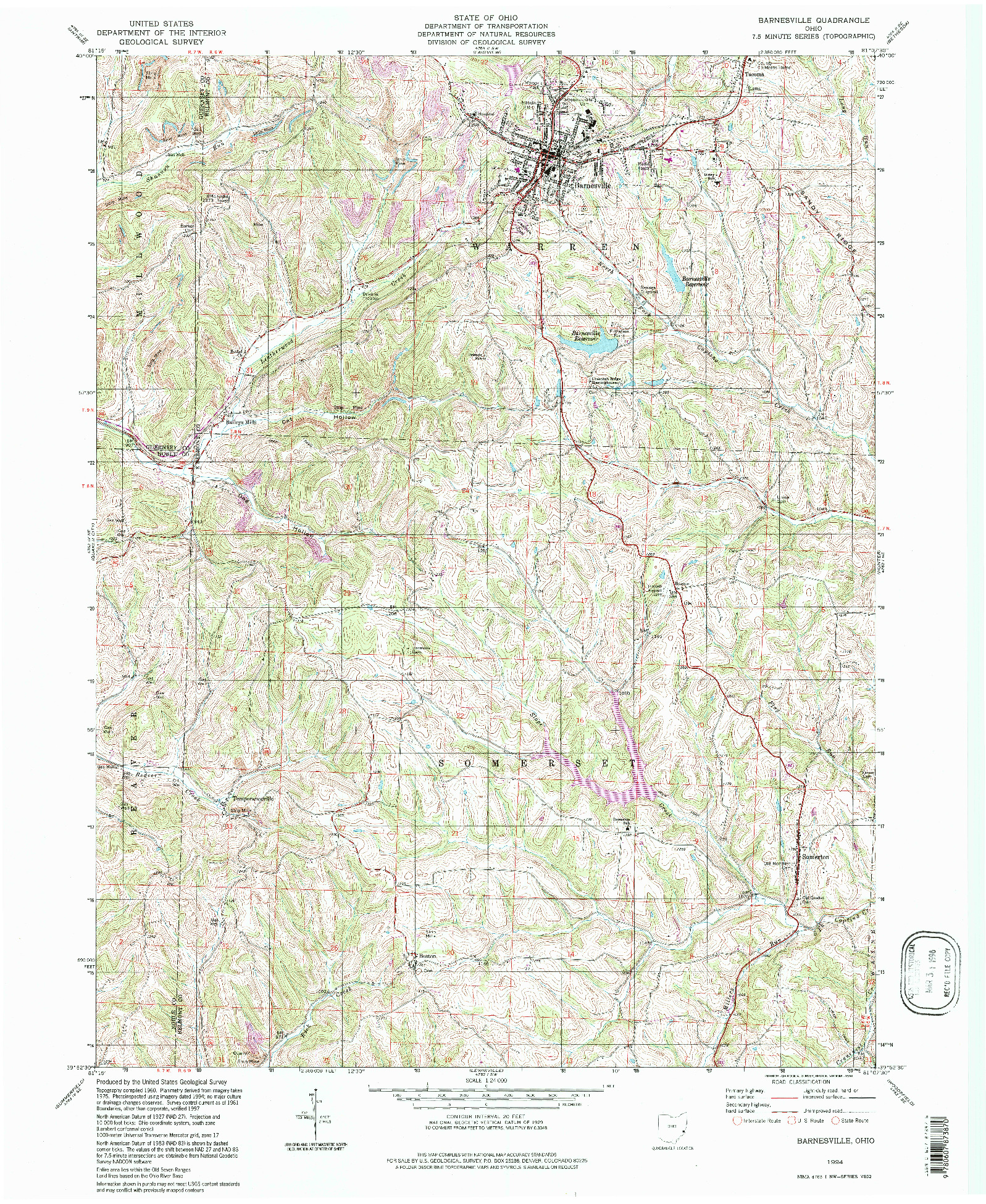 USGS 1:24000-SCALE QUADRANGLE FOR BARNESVILLE, OH 1994