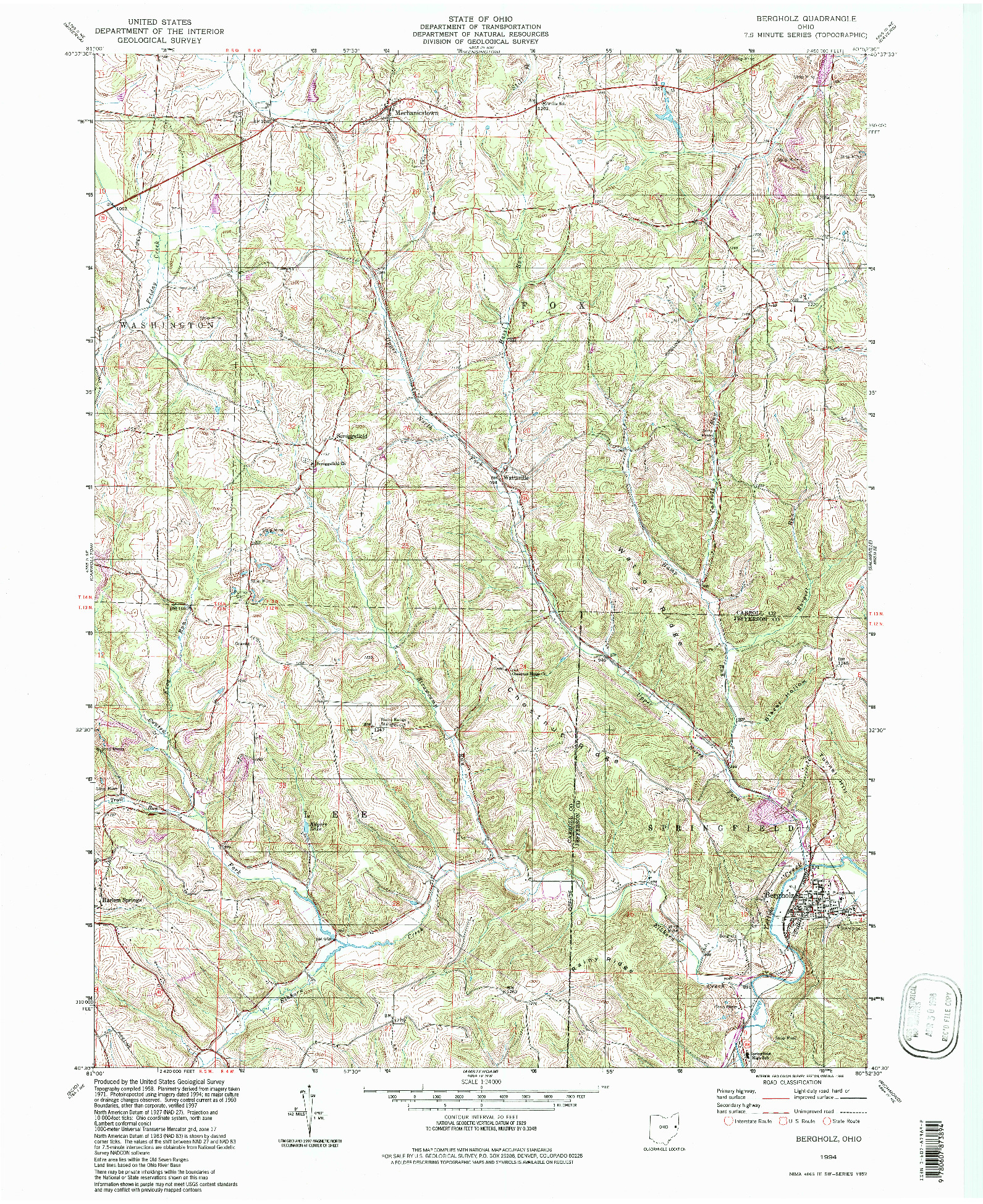 USGS 1:24000-SCALE QUADRANGLE FOR BERGHOLZ, OH 1994