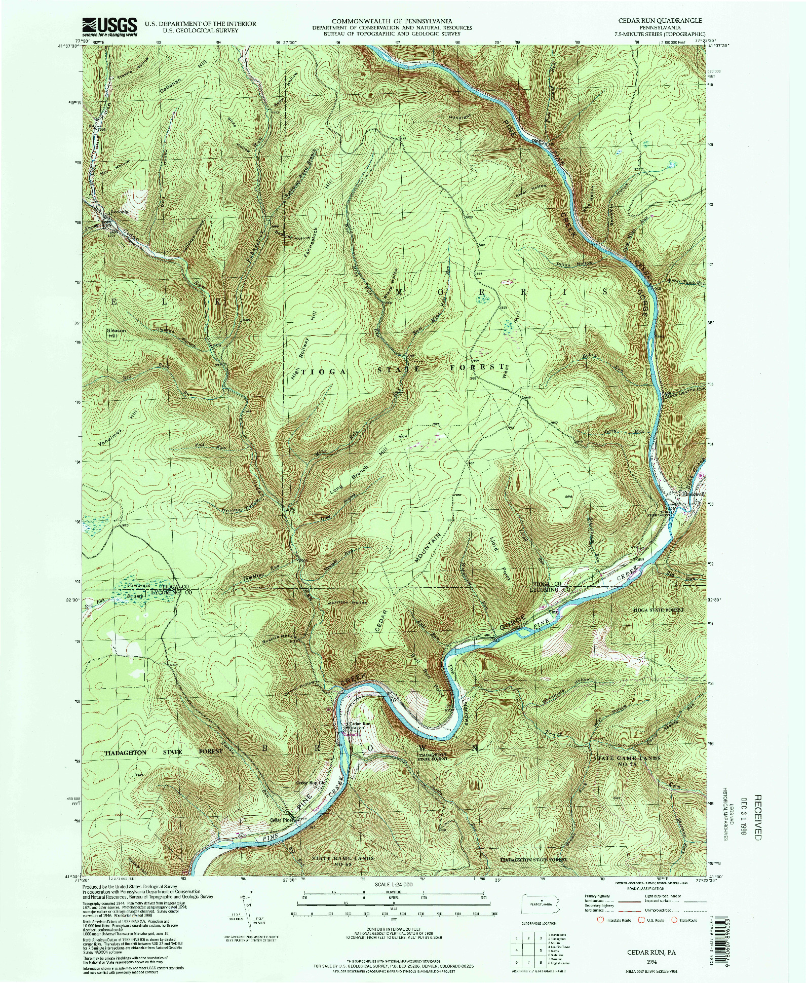 USGS 1:24000-SCALE QUADRANGLE FOR CEDAR RUN, PA 1994
