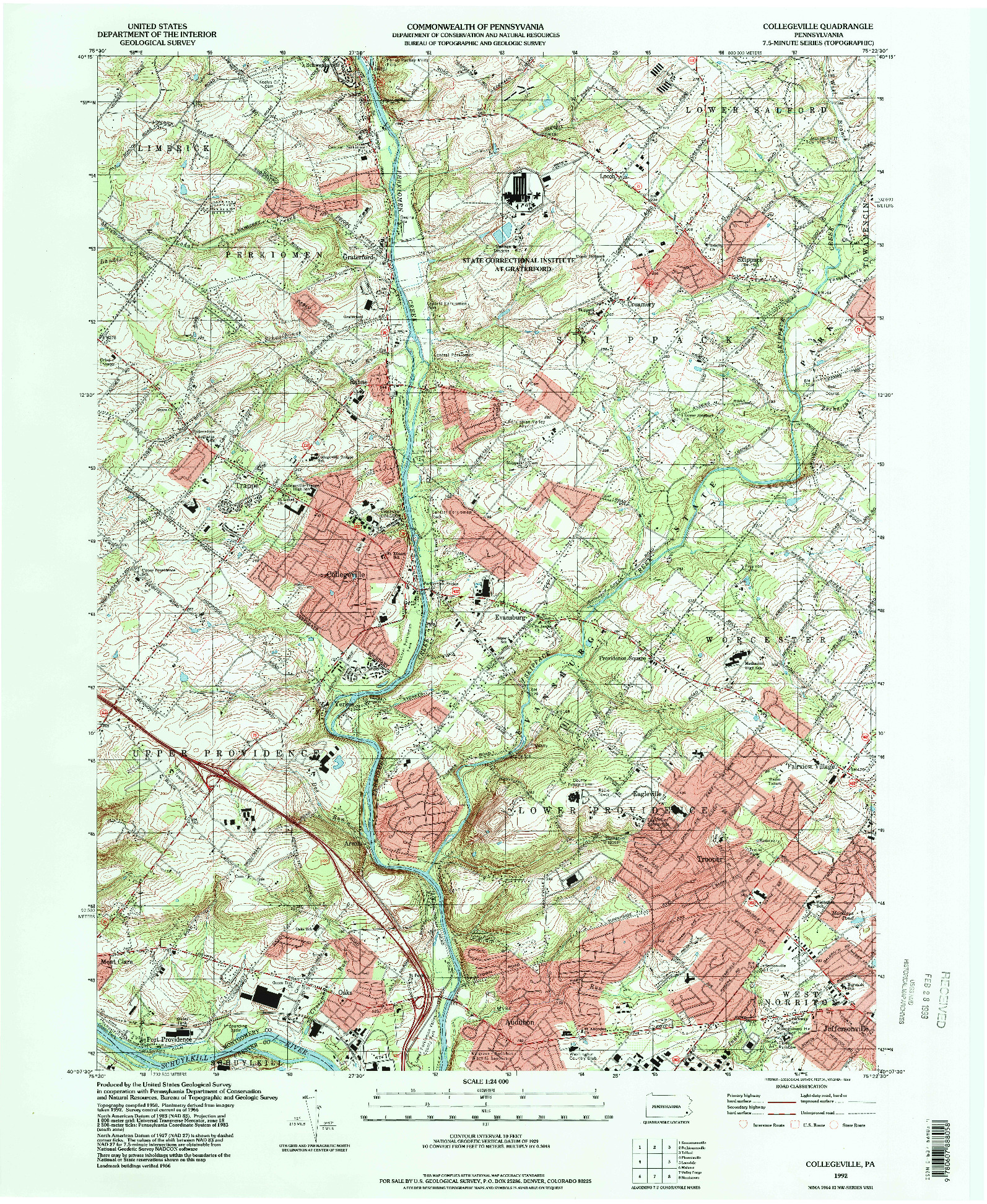 USGS 1:24000-SCALE QUADRANGLE FOR COLLEGEVILLE, PA 1992