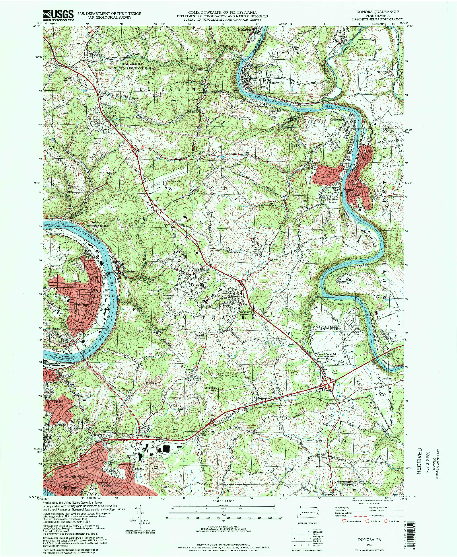 USGS 1:24000-SCALE QUADRANGLE FOR DONORA, PA 1993