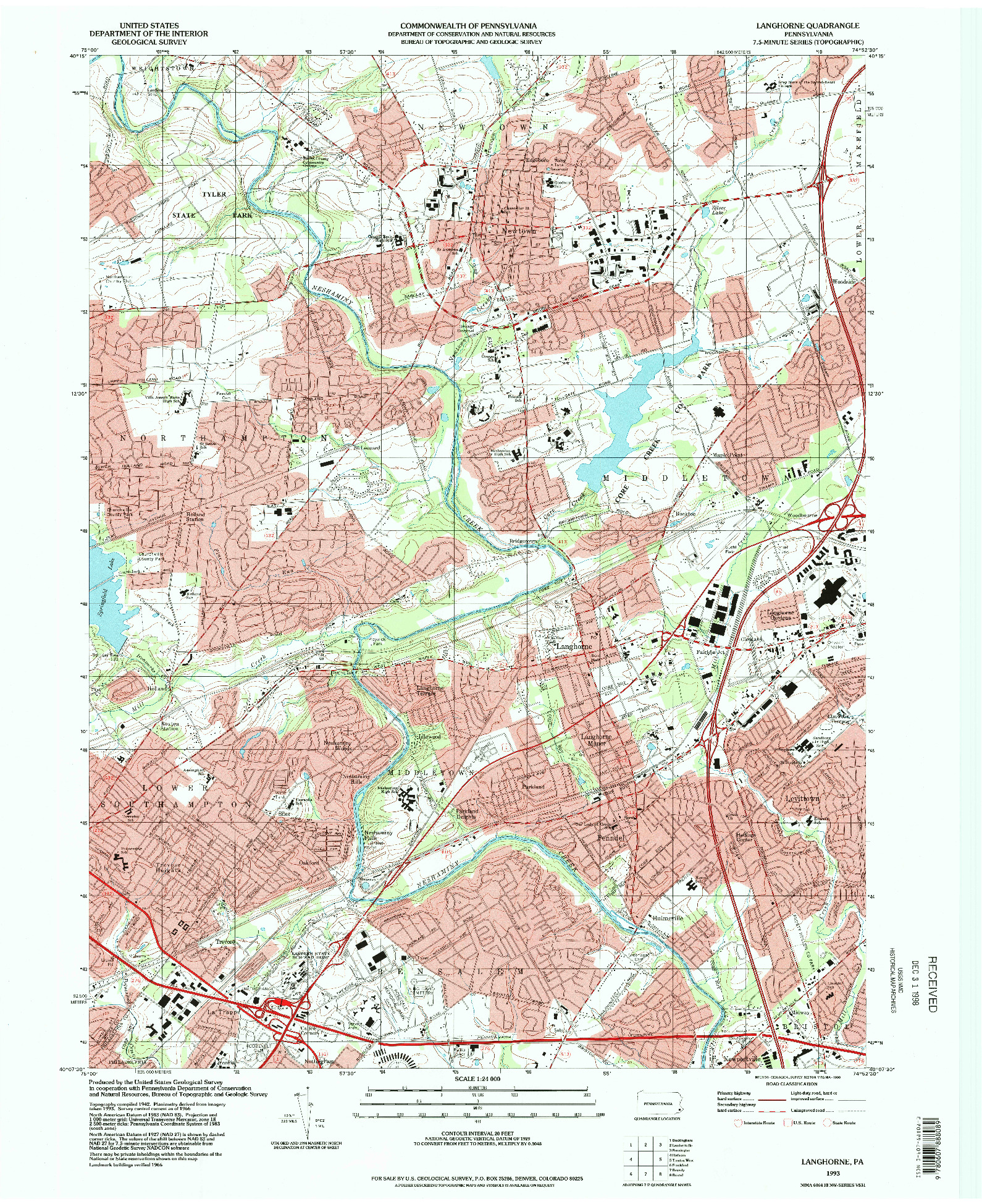 USGS 1:24000-SCALE QUADRANGLE FOR LANGHORNE, PA 1993