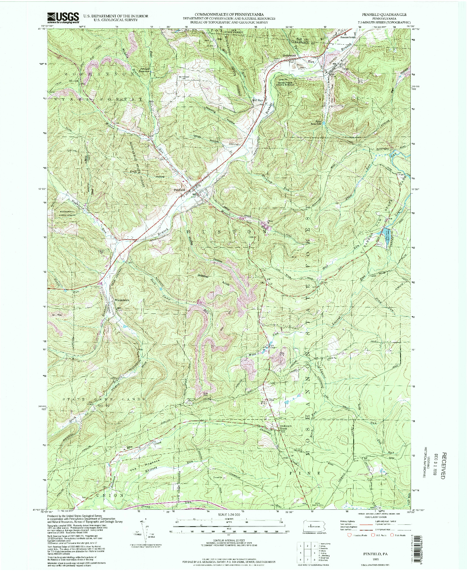 USGS 1:24000-SCALE QUADRANGLE FOR PENFIELD, PA 1993