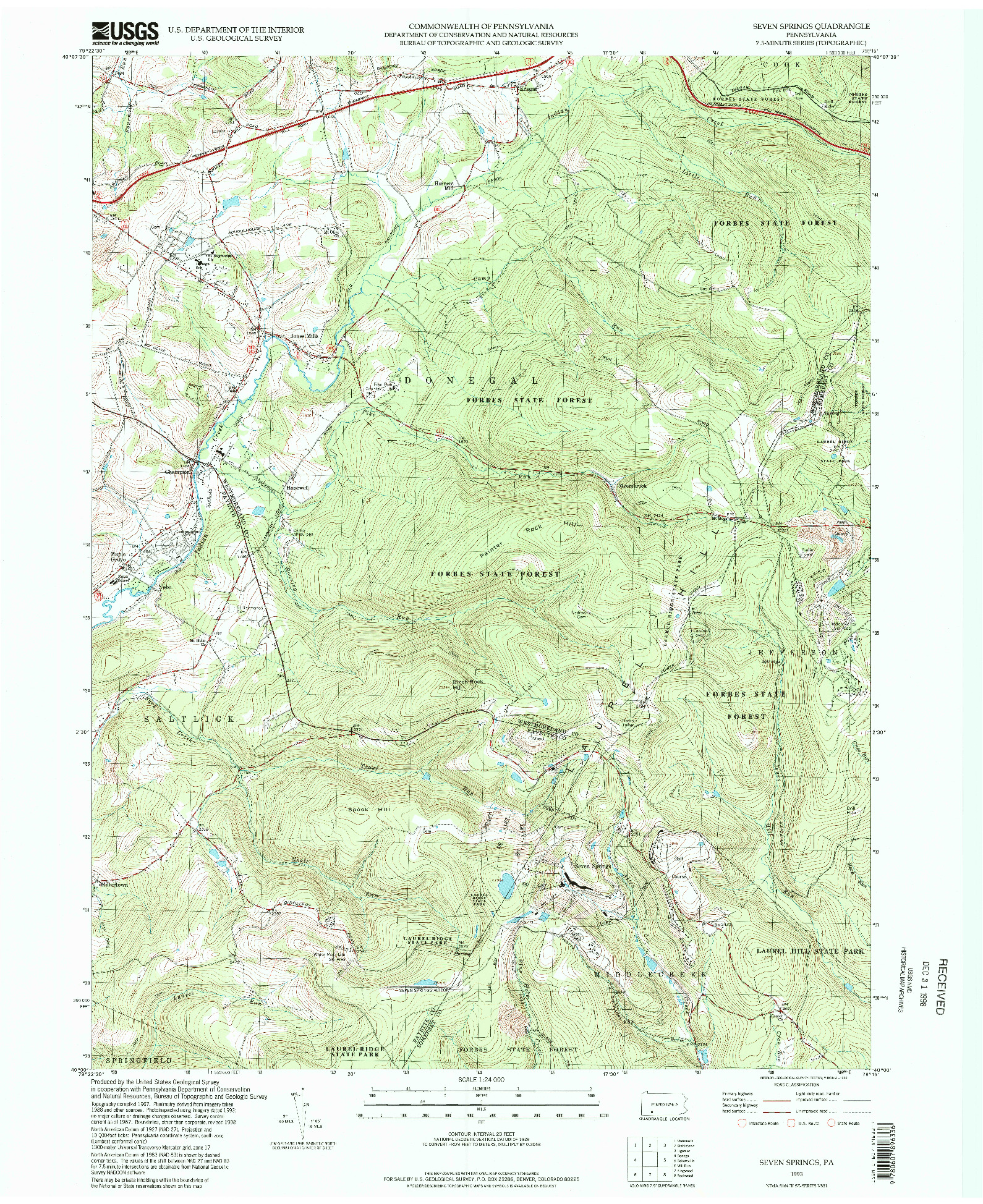 USGS 1:24000-SCALE QUADRANGLE FOR SEVEN SPRINGS, PA 1993