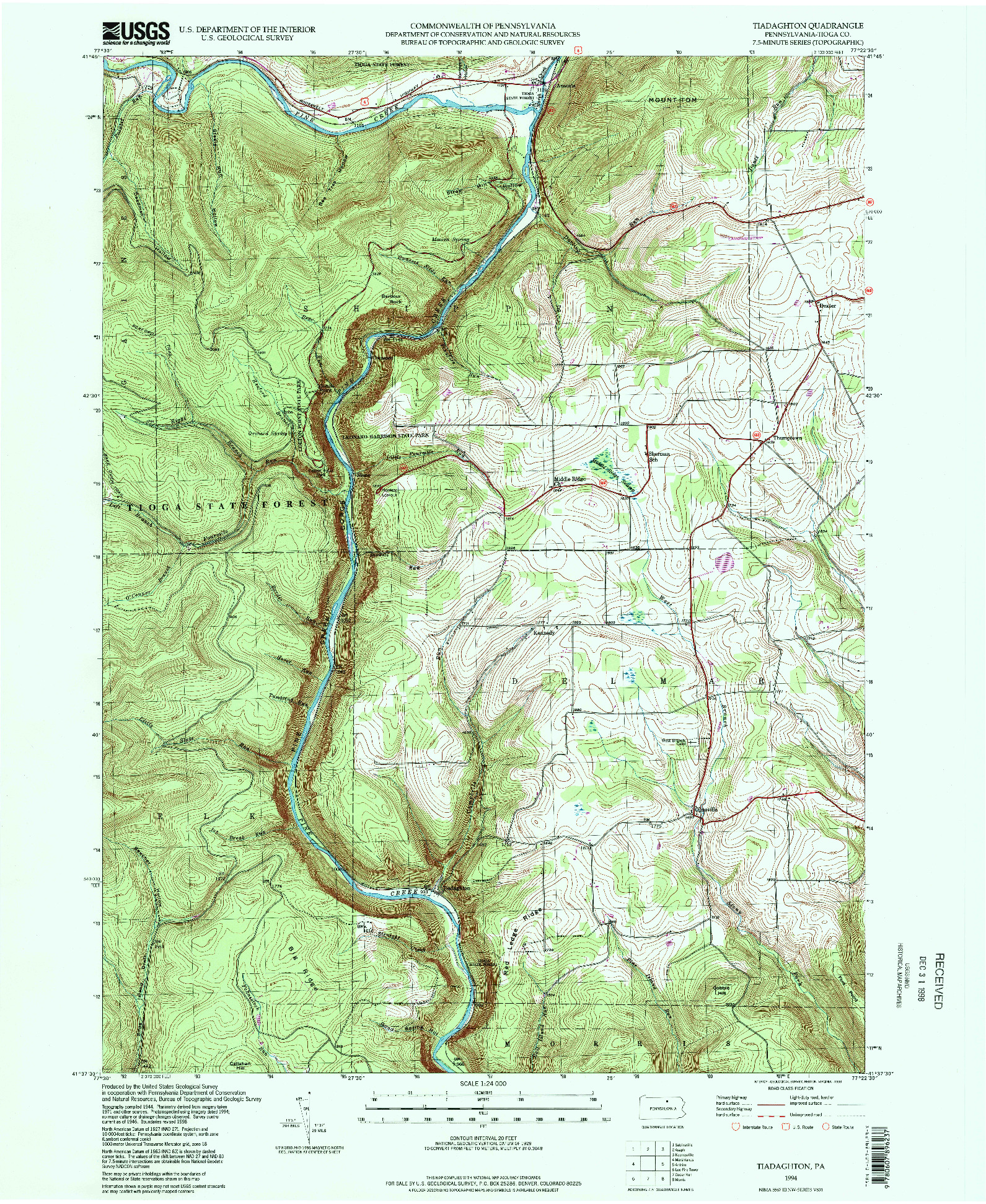USGS 1:24000-SCALE QUADRANGLE FOR TIADAGHTON, PA 1994