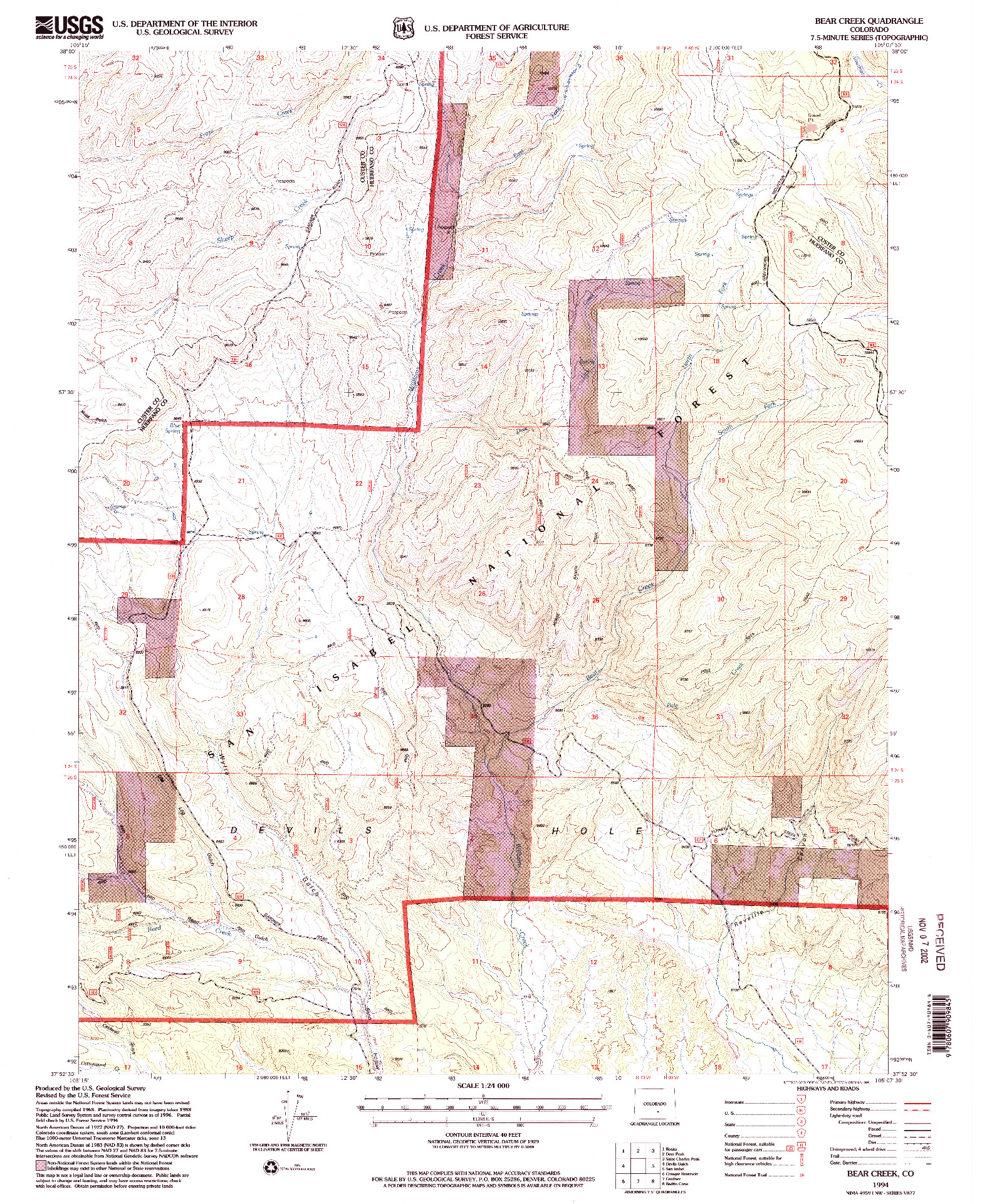 USGS 1:24000-SCALE QUADRANGLE FOR BEAR CREEK, CO 1994