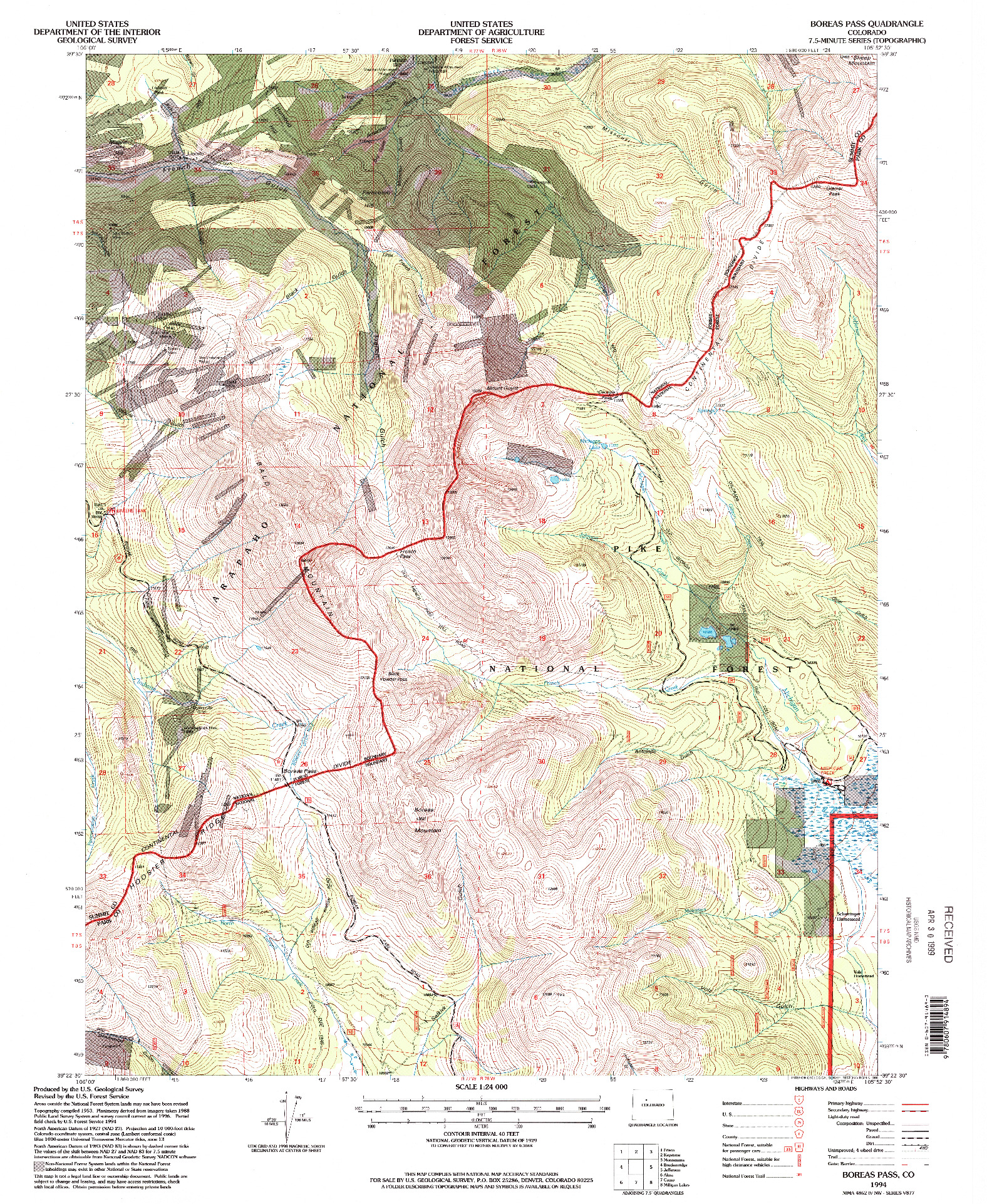 USGS 1:24000-SCALE QUADRANGLE FOR BOREAS PASS, CO 1994