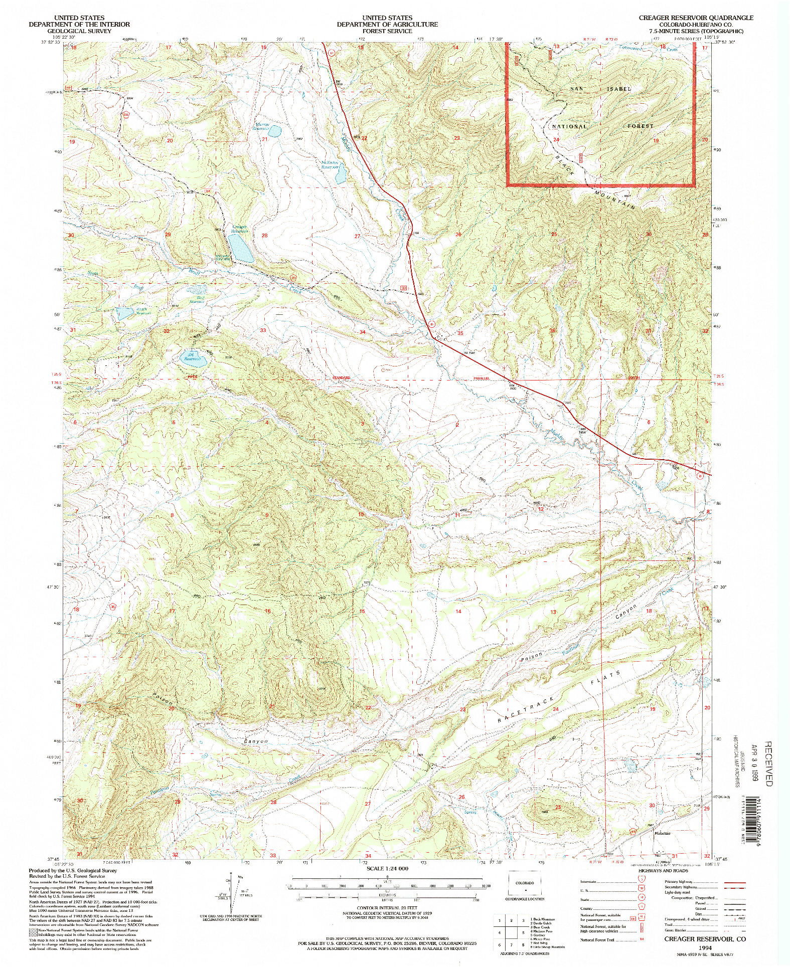 USGS 1:24000-SCALE QUADRANGLE FOR CREAGER RESERVOIR, CO 1994