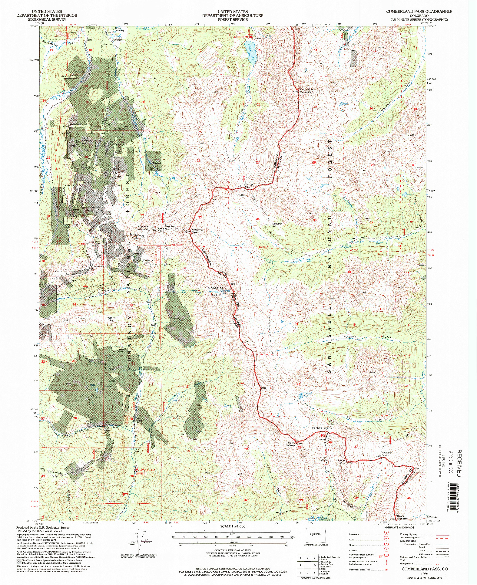 USGS 1:24000-SCALE QUADRANGLE FOR CUMBERLAND PASS, CO 1994