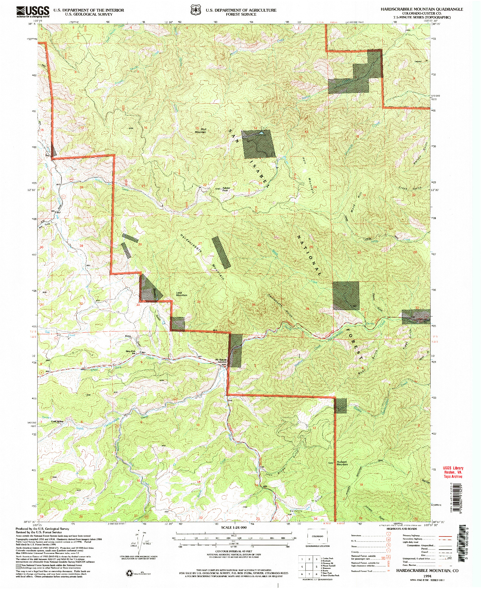 USGS 1:24000-SCALE QUADRANGLE FOR HARDSCRABBLE MOUNTAIN, CO 1994