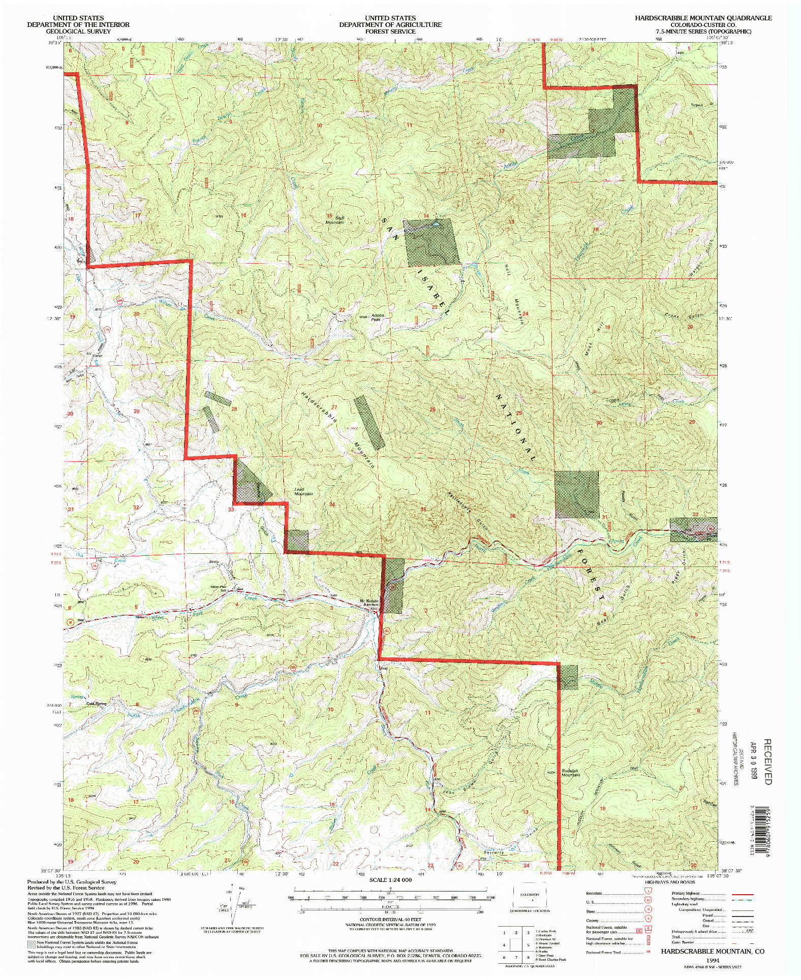 USGS 1:24000-SCALE QUADRANGLE FOR HARDSCRABBLE MOUNTAIN, CO 1994