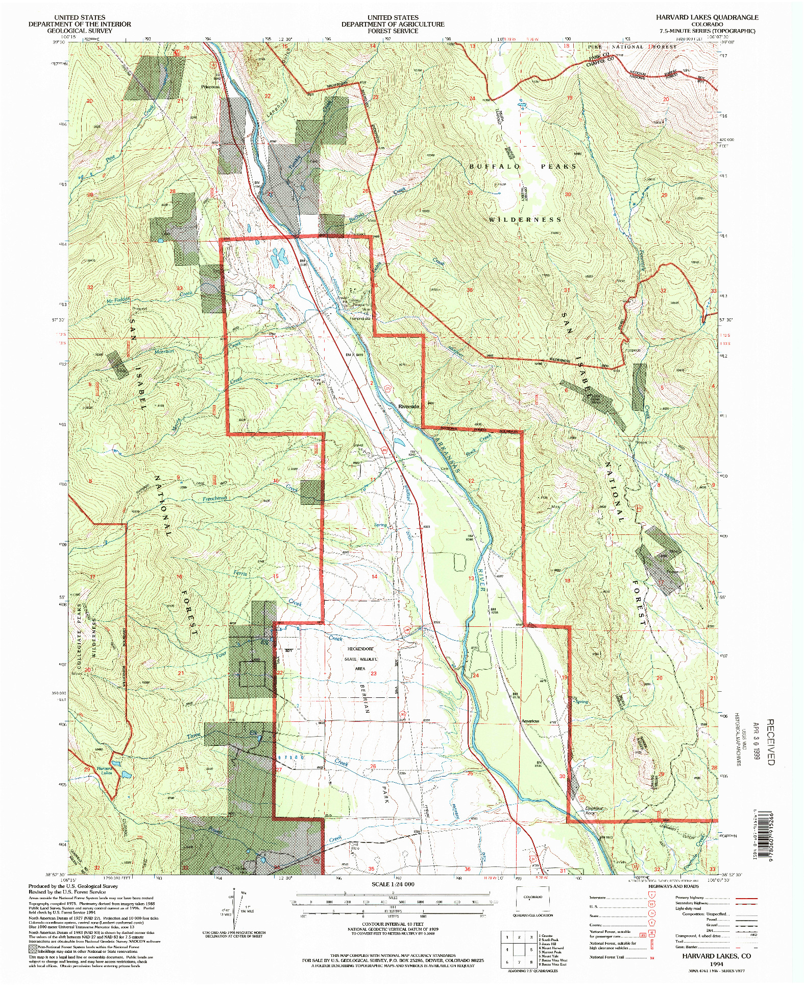 USGS 1:24000-SCALE QUADRANGLE FOR HARVARD LAKES, CO 1994