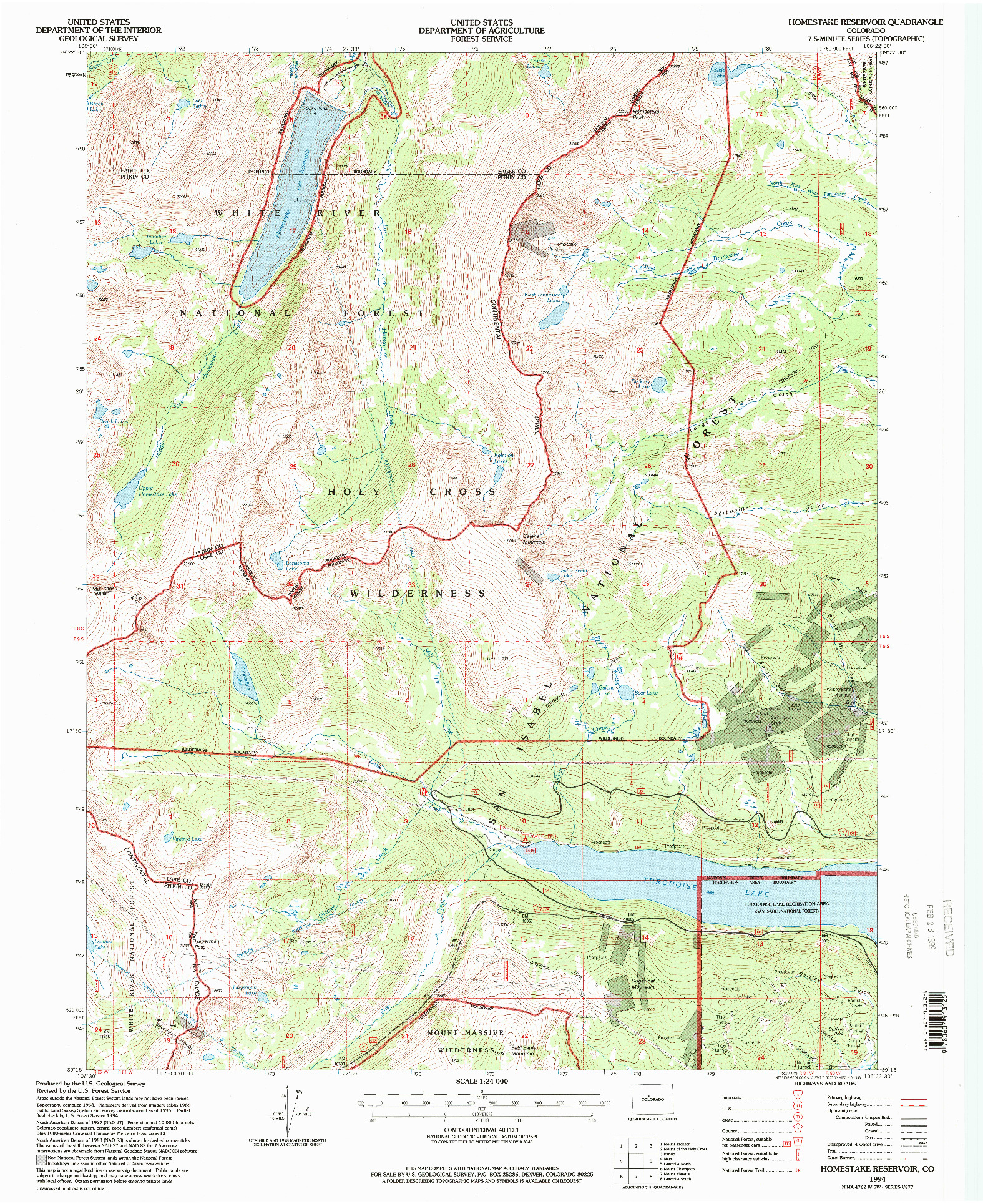 USGS 1:24000-SCALE QUADRANGLE FOR HOMESTAKE RESERVOIR, CO 1994
