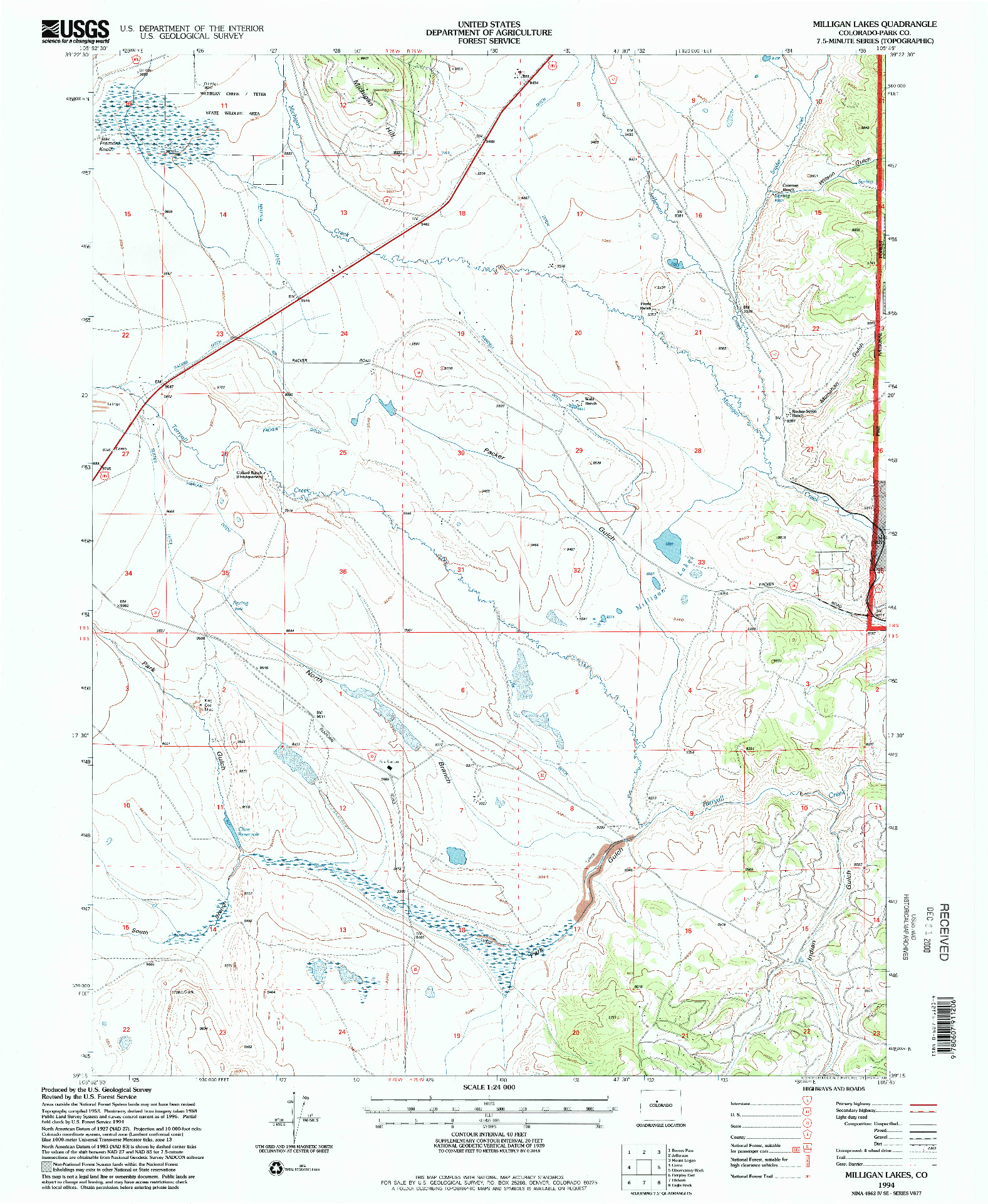 USGS 1:24000-SCALE QUADRANGLE FOR MILLIGAN LAKES, CO 1994