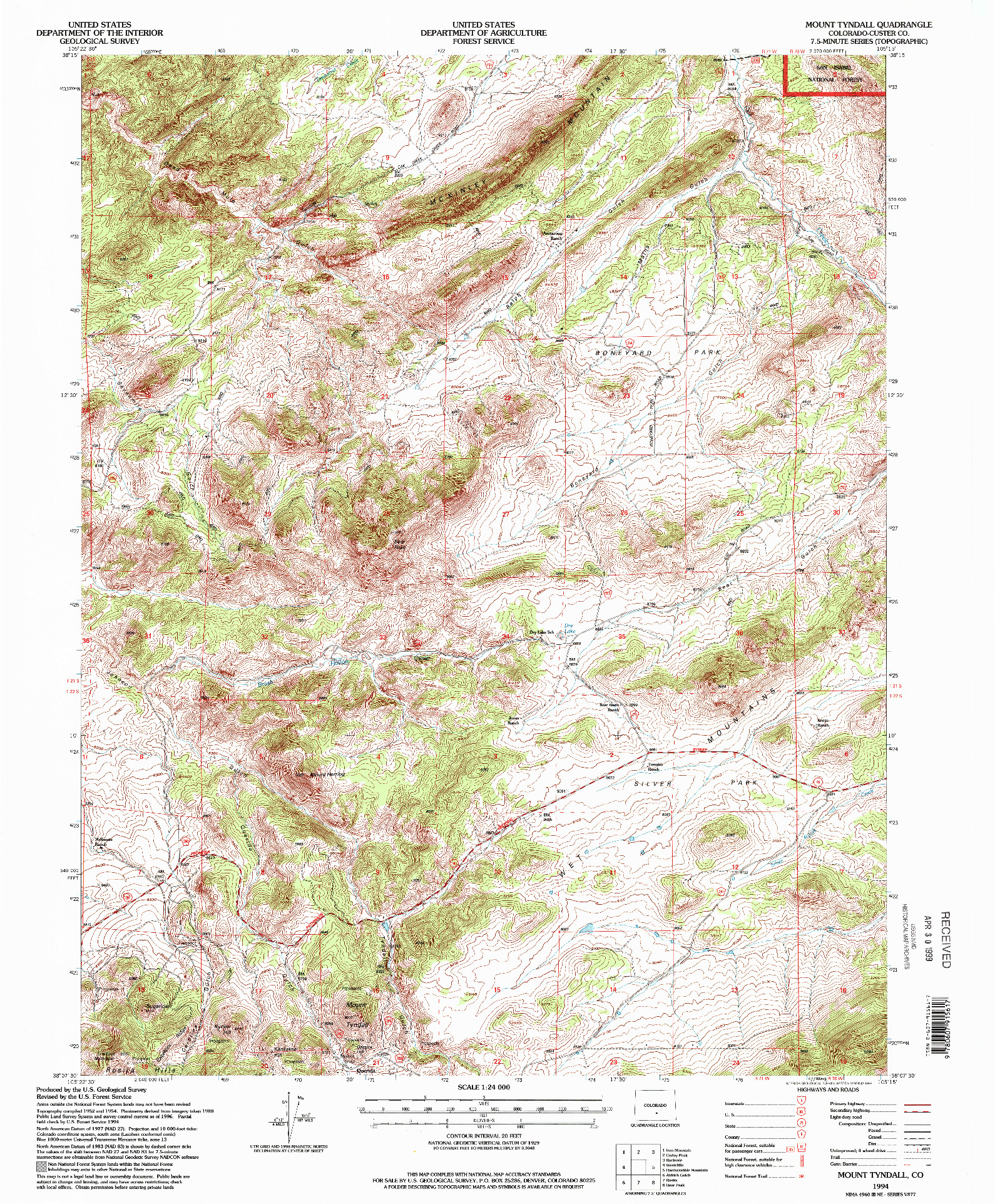 USGS 1:24000-SCALE QUADRANGLE FOR MOUNT TYNDALL, CO 1994