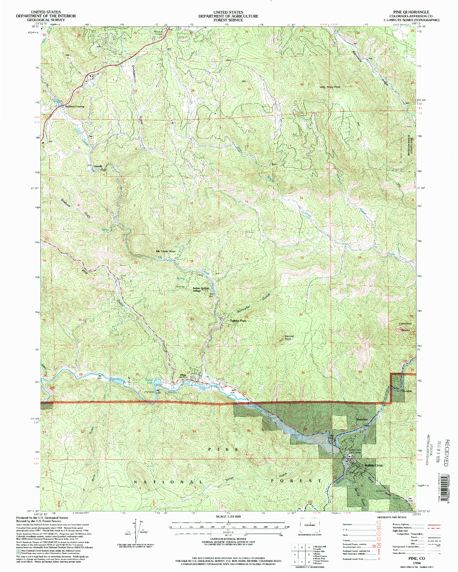 USGS 1:24000-SCALE QUADRANGLE FOR PINE, CO 1994