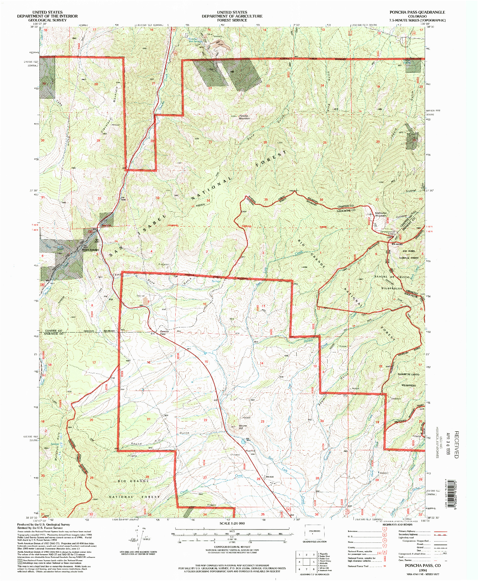 USGS 1:24000-SCALE QUADRANGLE FOR PONCHA PASS, CO 1994