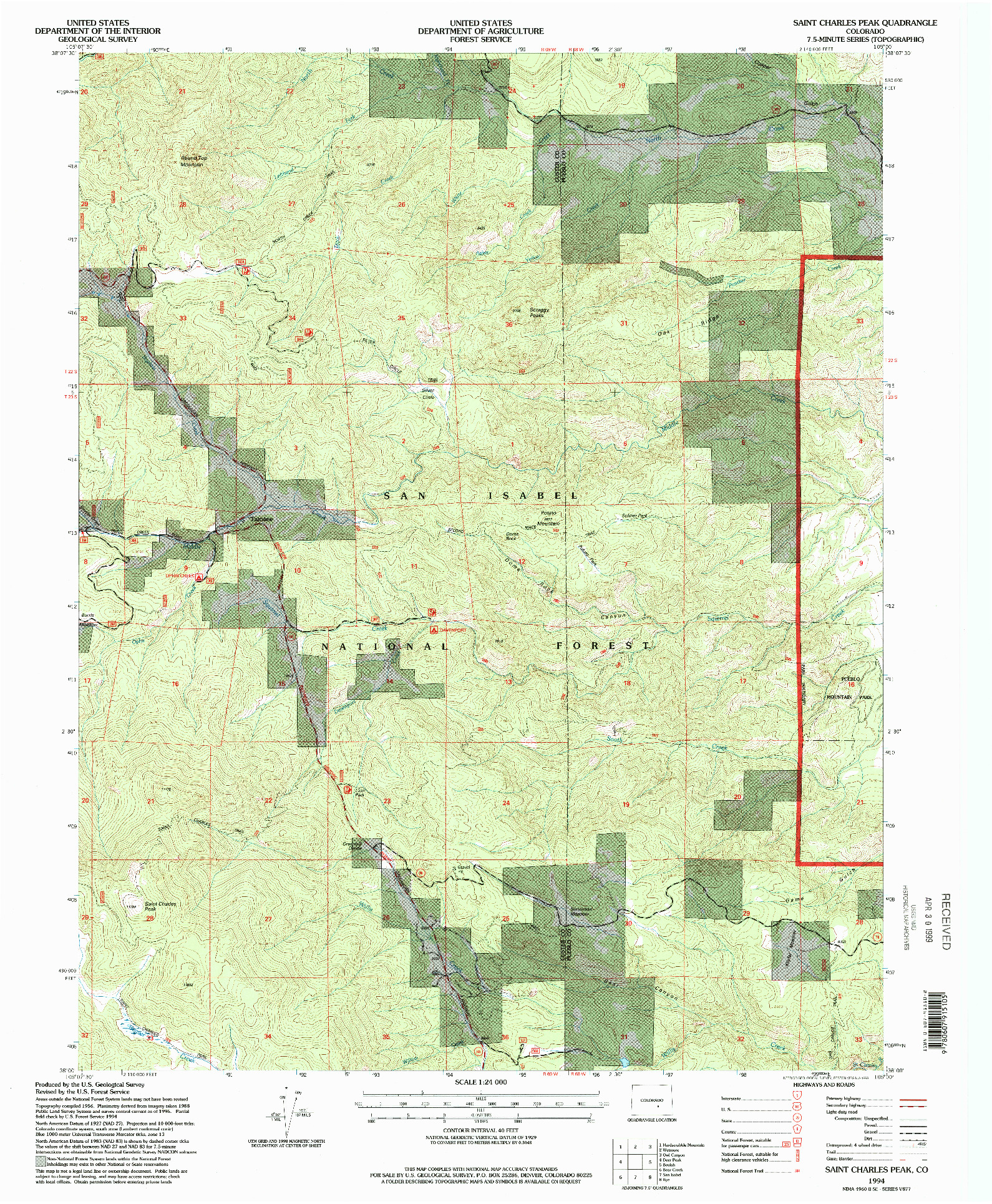 USGS 1:24000-SCALE QUADRANGLE FOR SAINT CHARLES PEAK, CO 1994