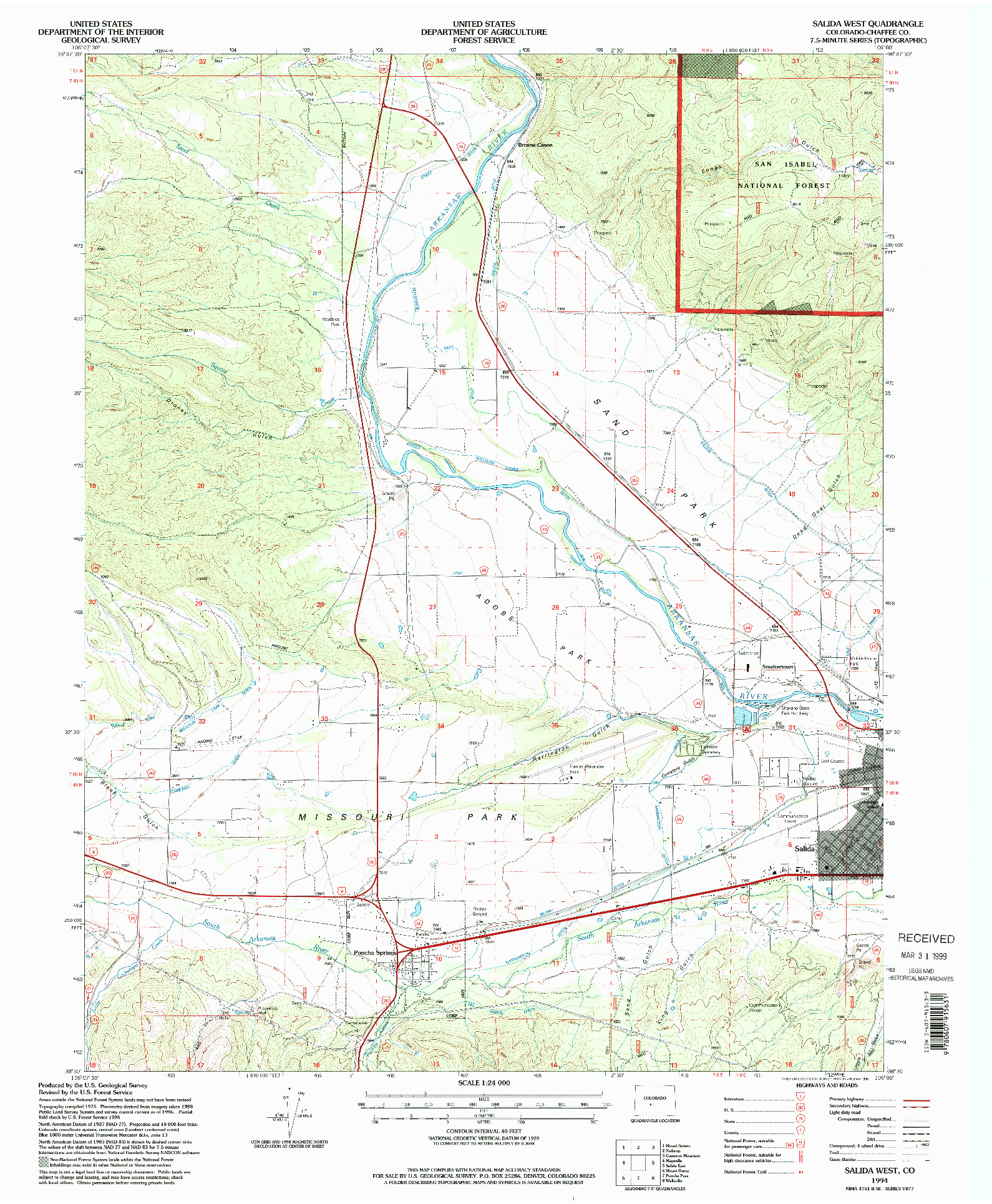 USGS 1:24000-SCALE QUADRANGLE FOR SALIDA WEST, CO 1994