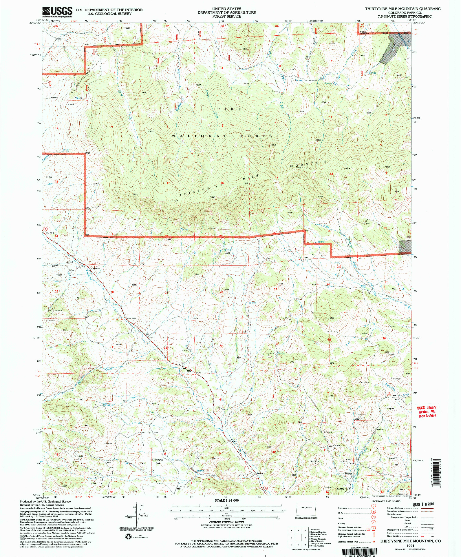 USGS 1:24000-SCALE QUADRANGLE FOR THIRTYNINE MILE MOUNTAIN, CO 1994