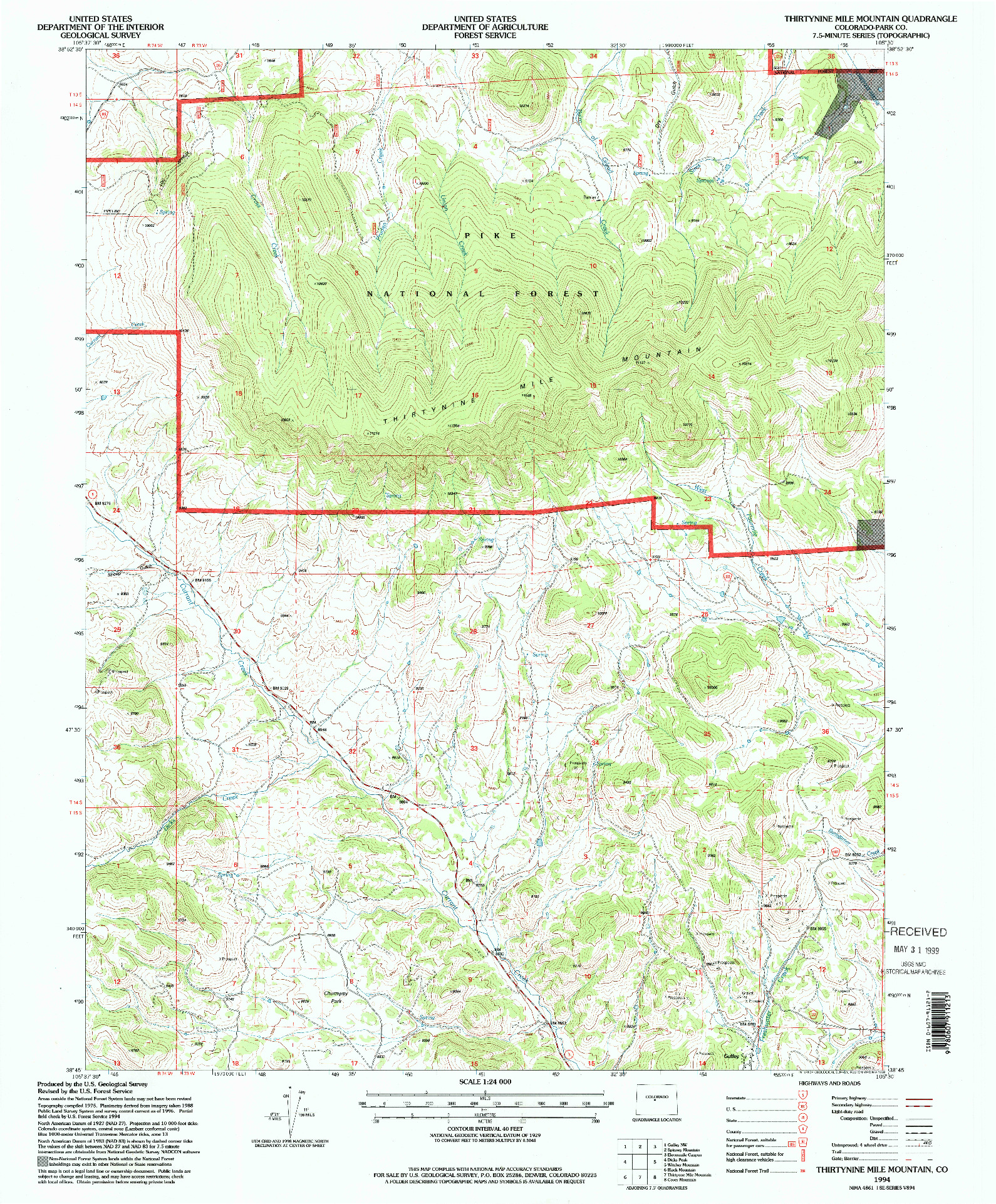 USGS 1:24000-SCALE QUADRANGLE FOR THIRTYNINE MILE MOUNTAIN, CO 1994