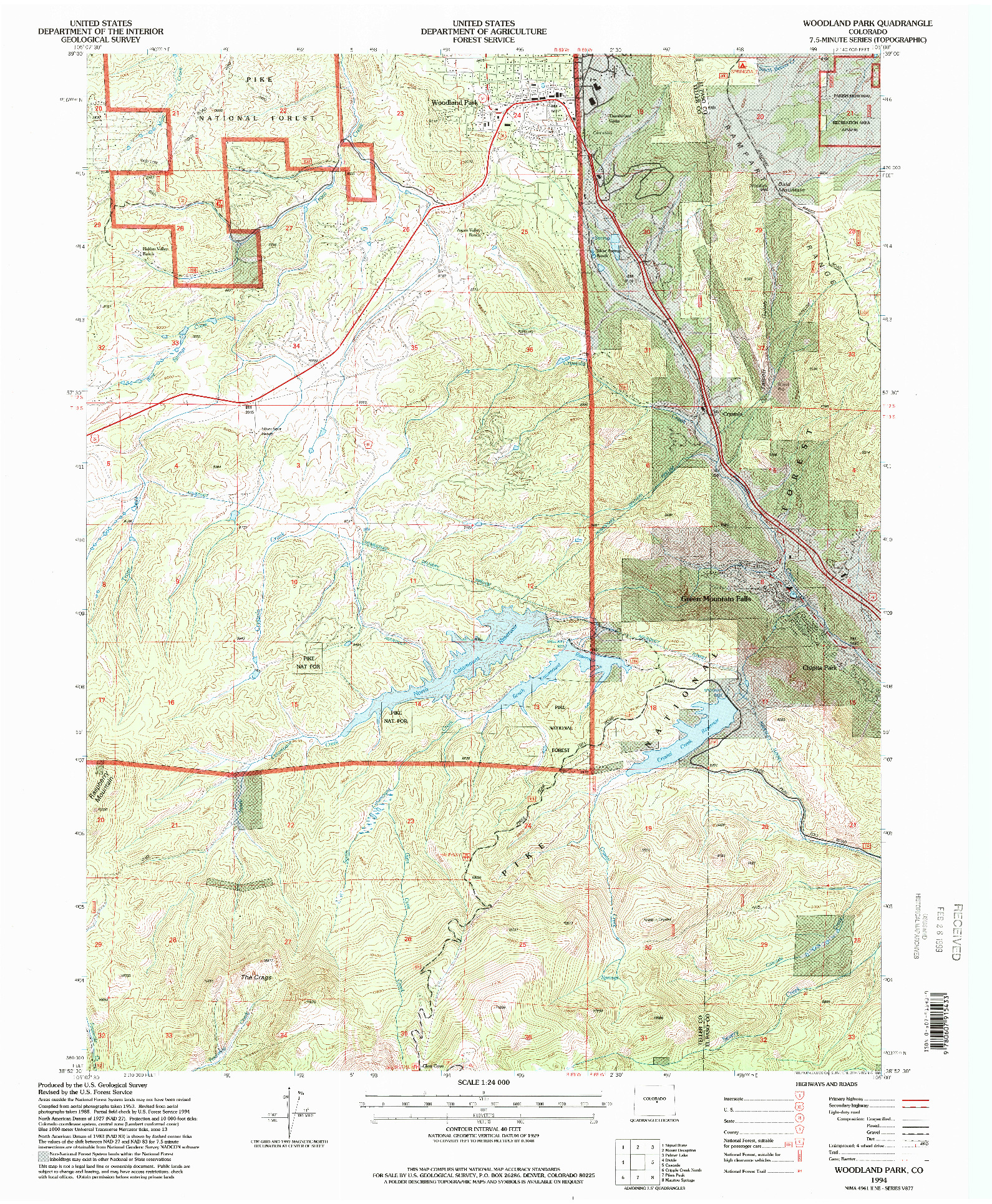 USGS 1:24000-SCALE QUADRANGLE FOR WOODLAND PARK, CO 1994
