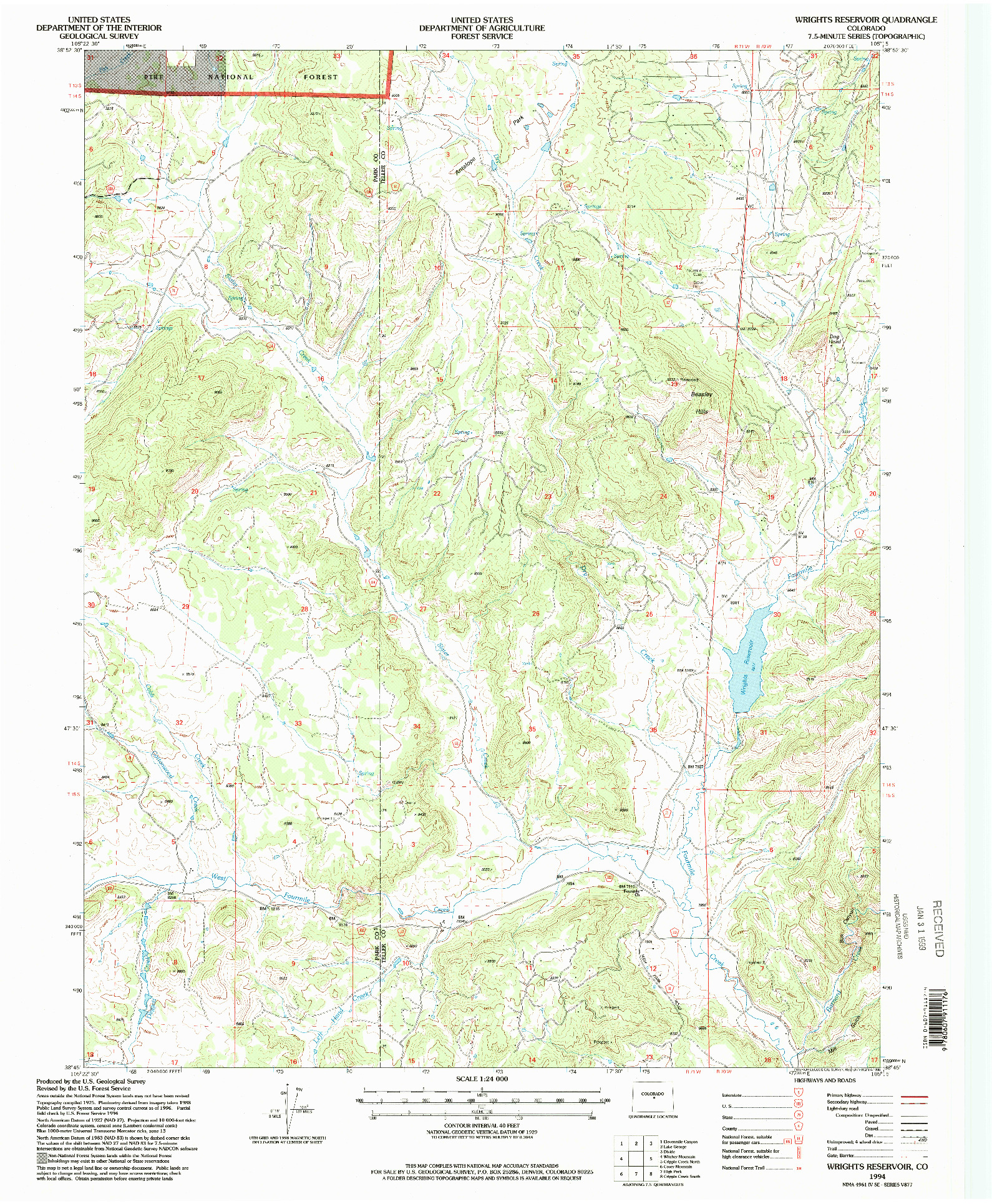 USGS 1:24000-SCALE QUADRANGLE FOR WRIGHTS RESERVOIR, CO 1994